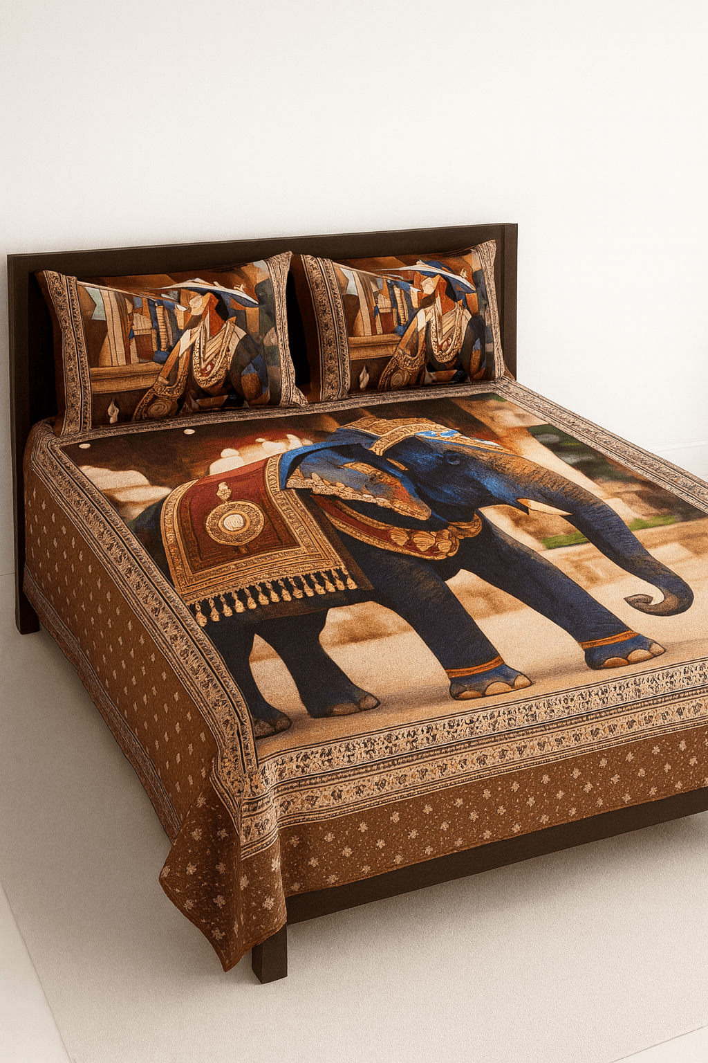 King Size Bed | 7D bedsheets | Glace Cotton | Jaipuri Elephant - Shopurneeds