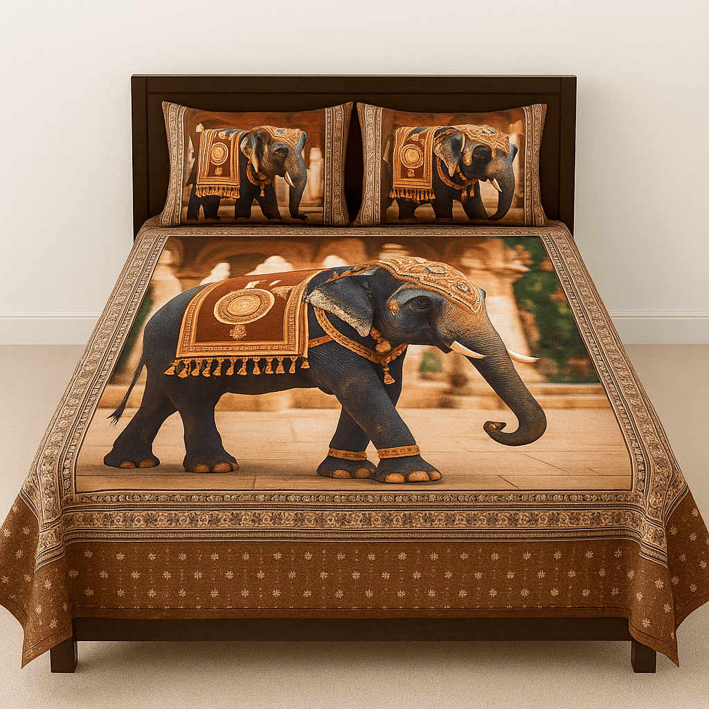 King Size Bed | 7D bedsheets | Glace Cotton | Jaipuri Elephant - Shopurneeds