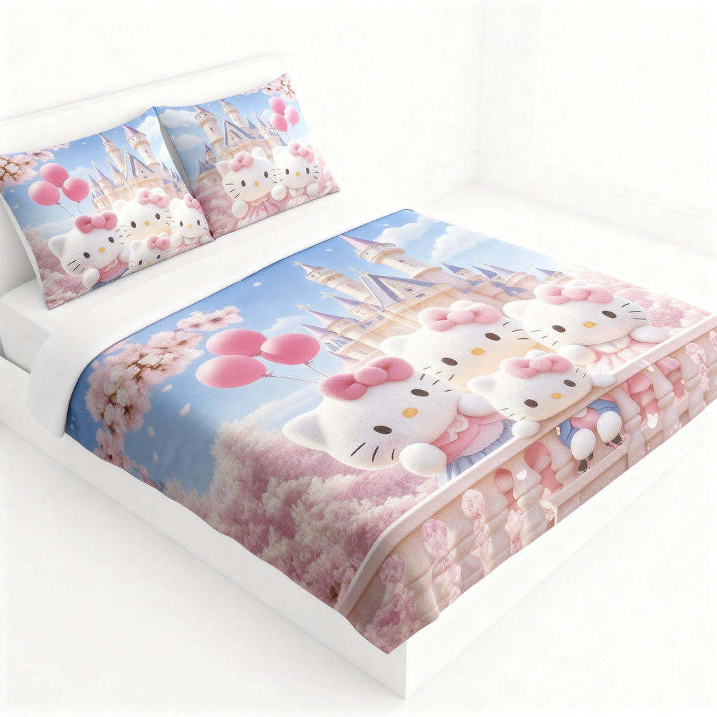 King Size Bed | 7D bedsheets | Glace Cotton | Kitty - Shopurneeds