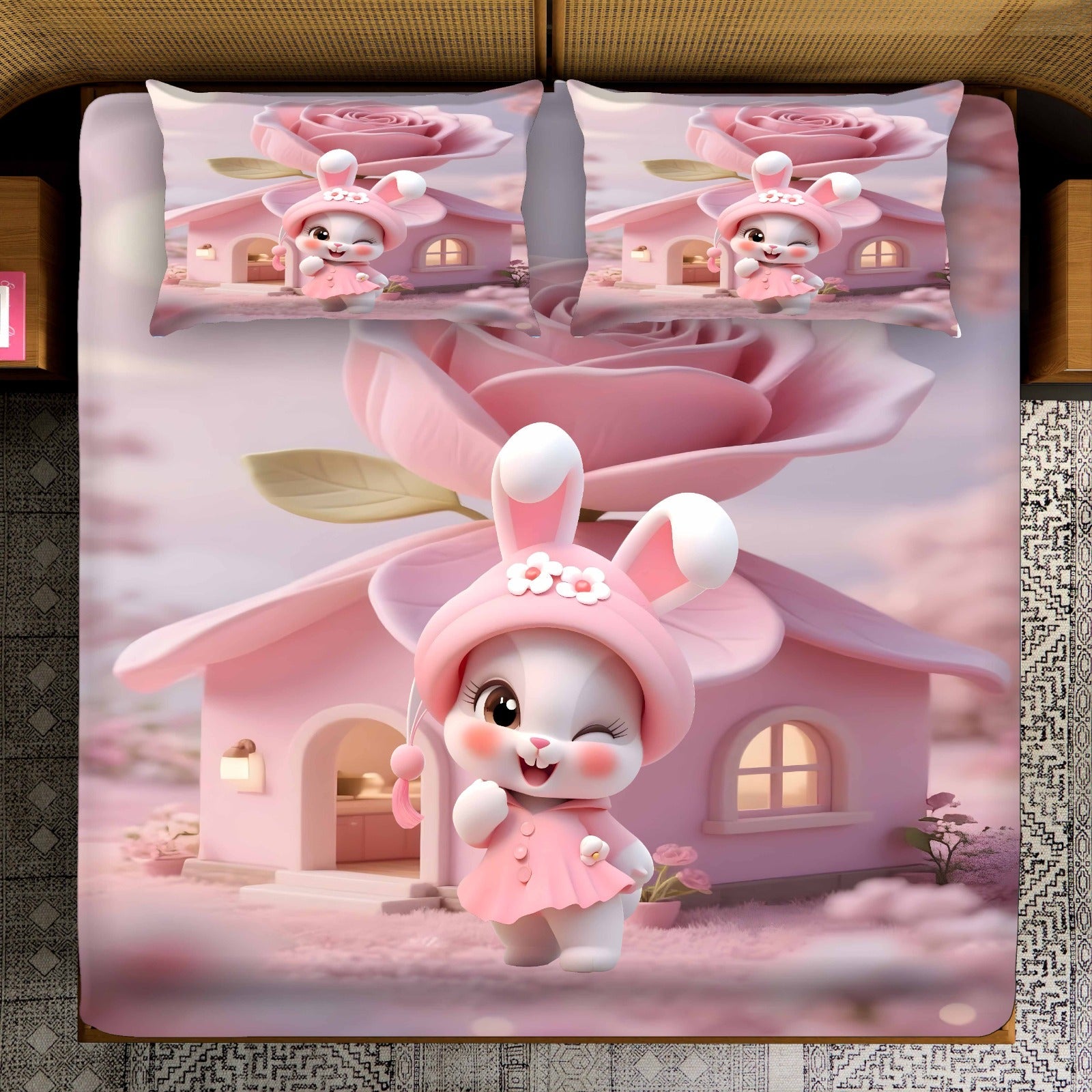 King Size Bed | 7D bedsheets | Glace Cotton | Kitty Wink - Shopurneeds