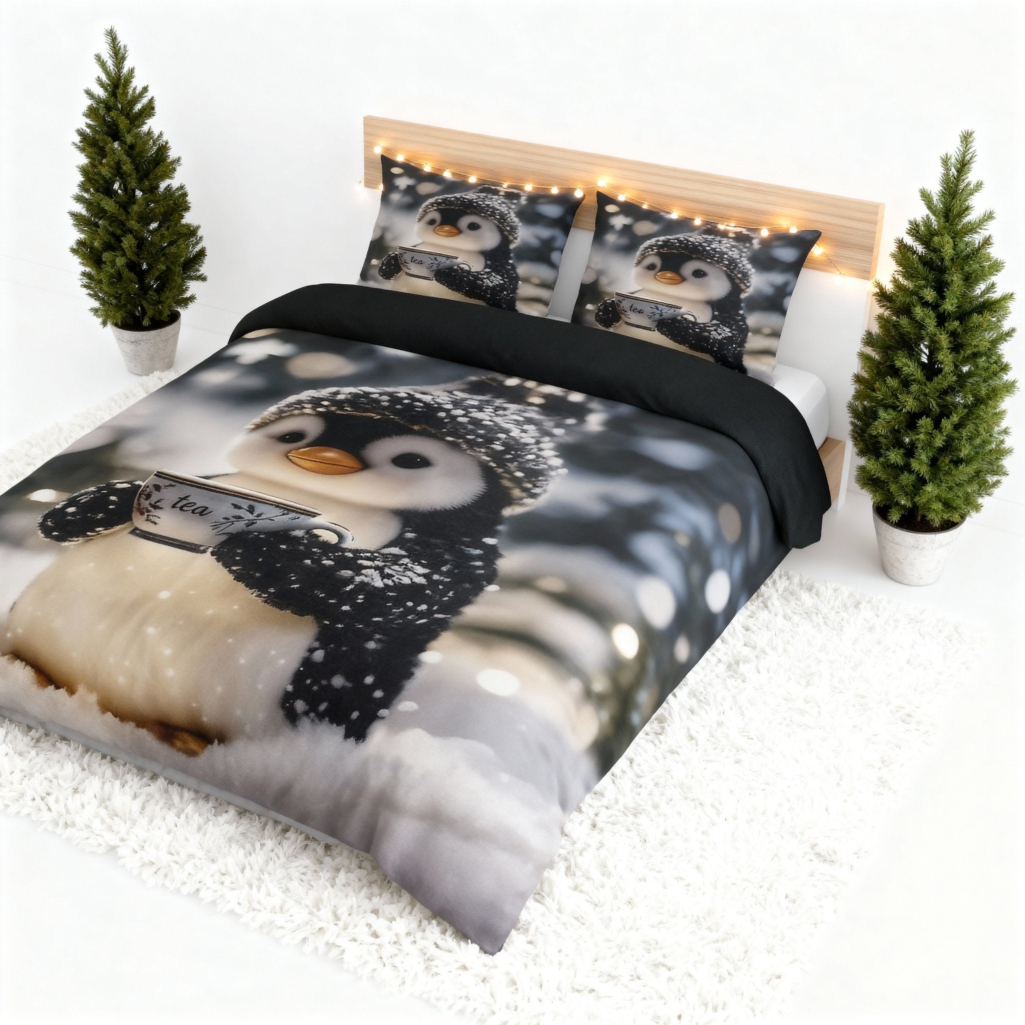 King Size Bed | 7D bedsheets | Glace Cotton | Penguin - Shopurneeds