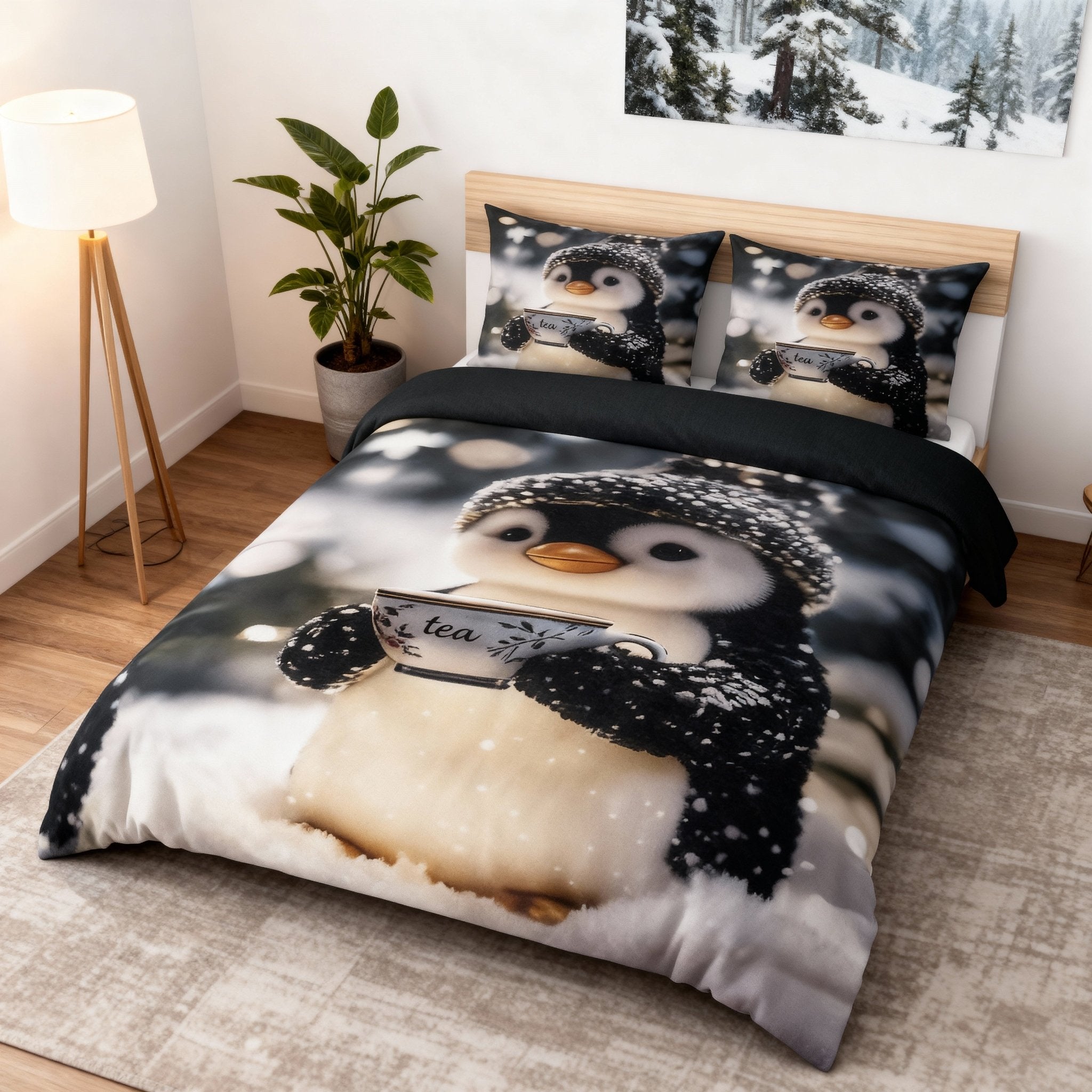 King Size Bed | 7D bedsheets | Glace Cotton | Penguin - Shopurneeds