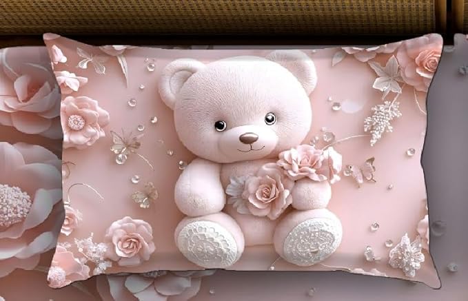 King Size Bed | 7D bedsheets | Glace Cotton | Pink Teddy - Shopurneeds