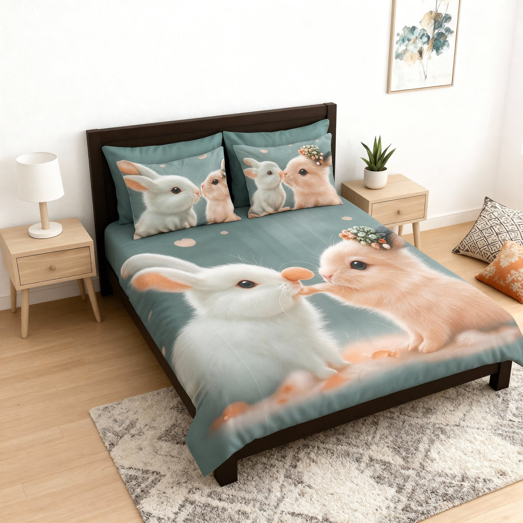 King Size Bed | 7D bedsheets | Glace Cotton | Rabbit - Shopurneeds