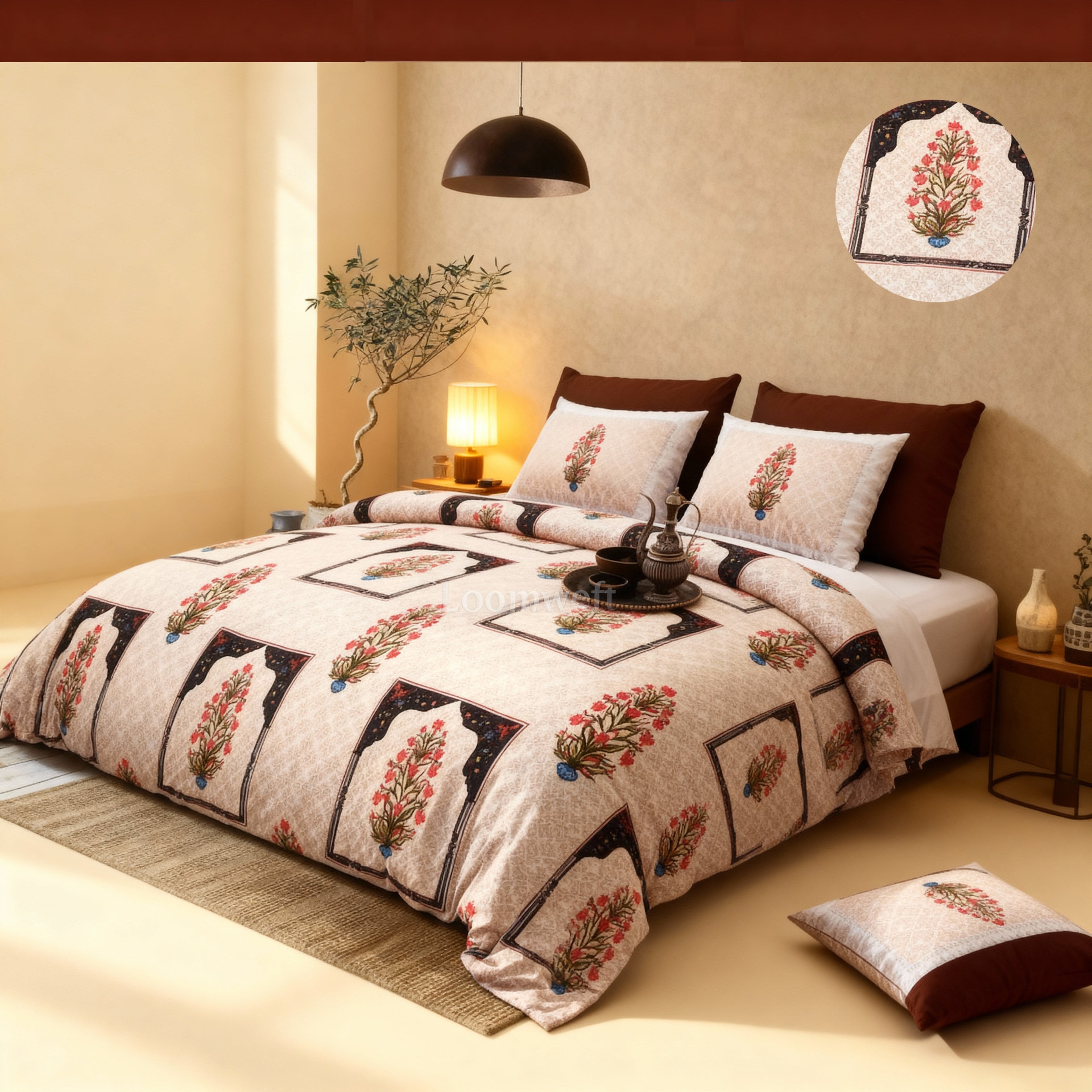 Raj Gharana Jaipur Cotton Bedsheet | 100% Pure Cotton | King Size Bed Sheet with Pillow Covers | Floral Design
