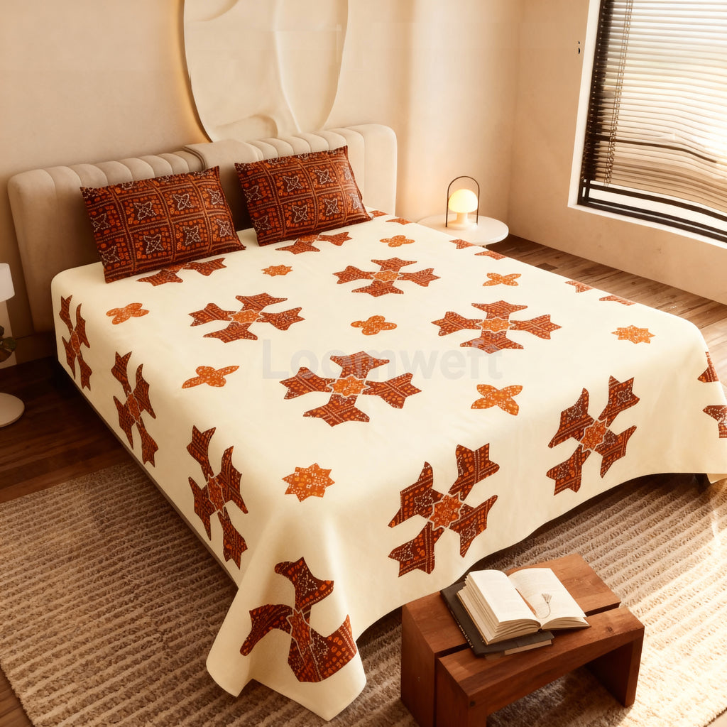 Raj Gharana Jaipur Cotton Bedsheet | 100% Pure Cotton | King Size Bed Sheet with Pillow Covers | Brown Cross