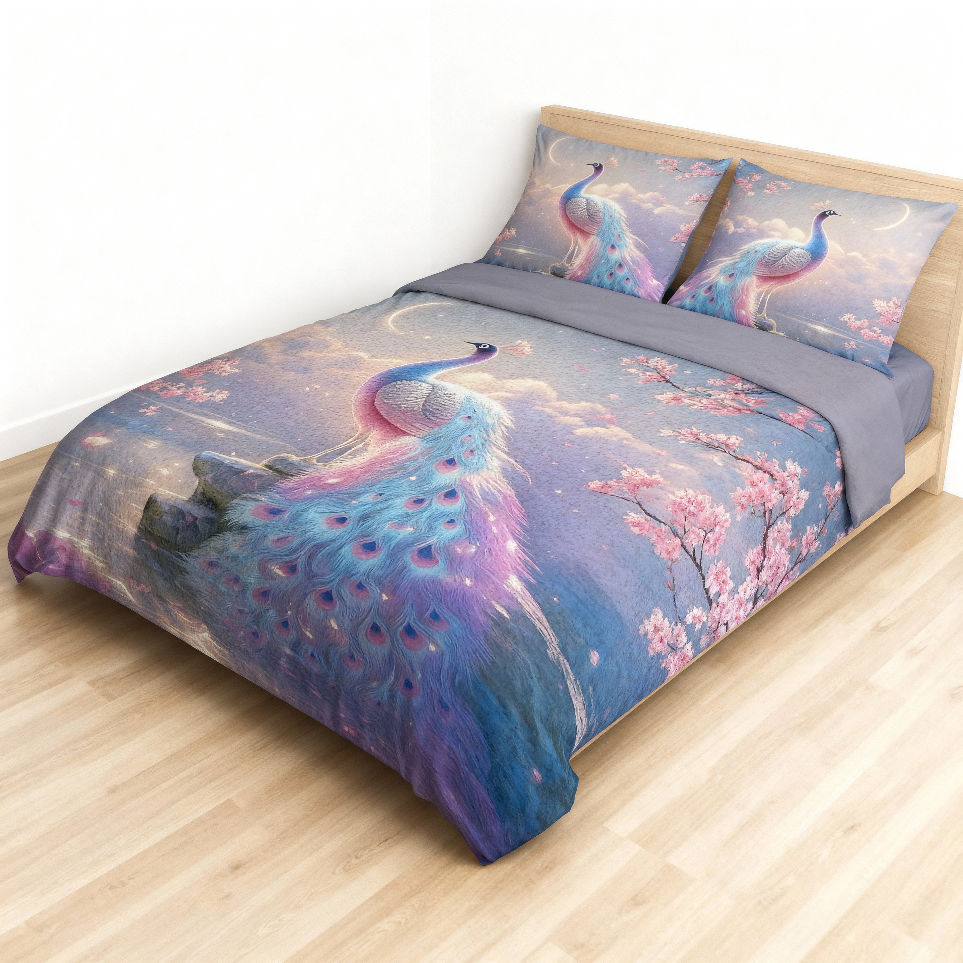 King Size Bed | 7D bedsheets | Glace Cotton | Peacock