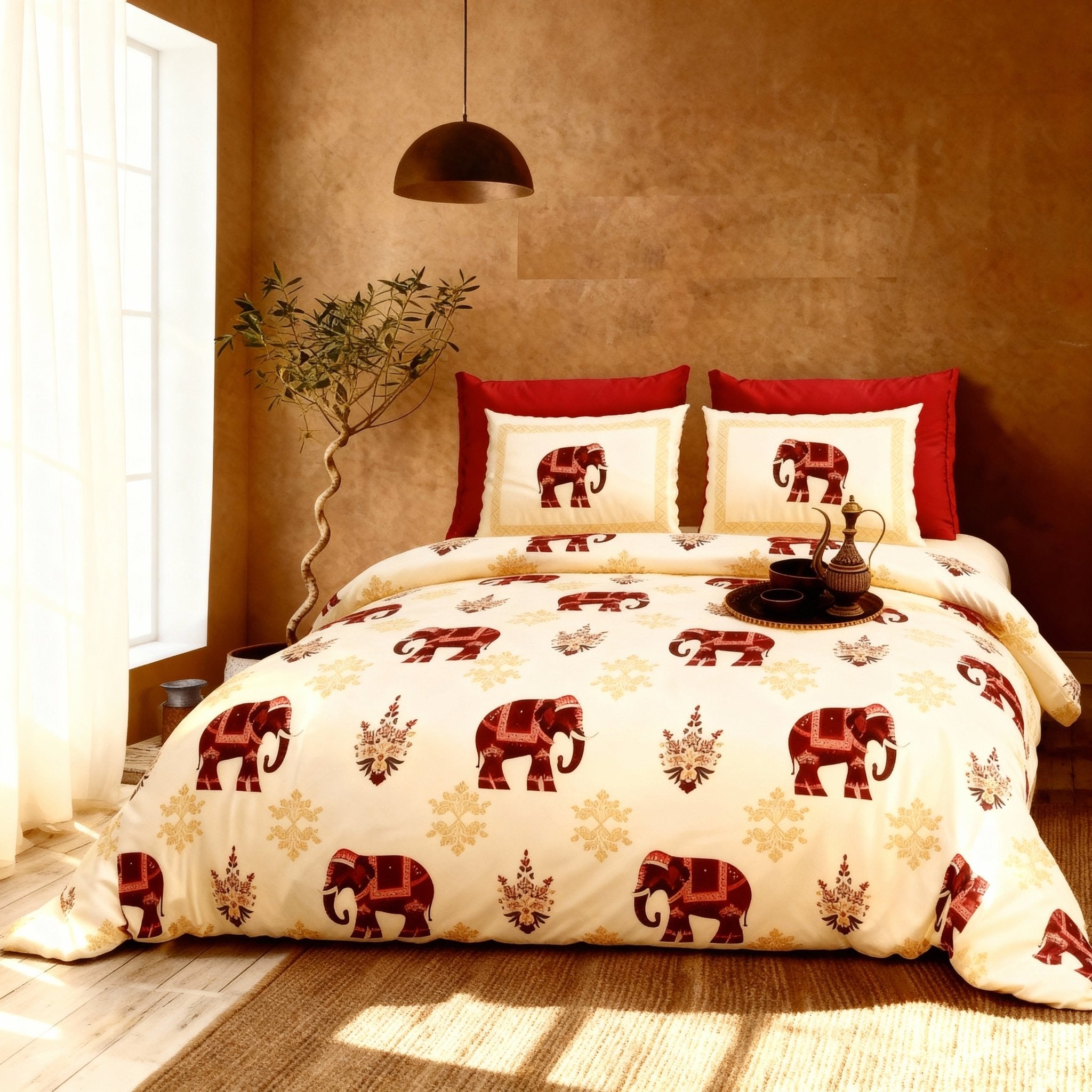 Raj Gharana Jaipur Cotton Bedsheet | 100% Pure Cotton | King Size Bed Sheet with Pillow Covers | Elephant Red - Shopurneeds
