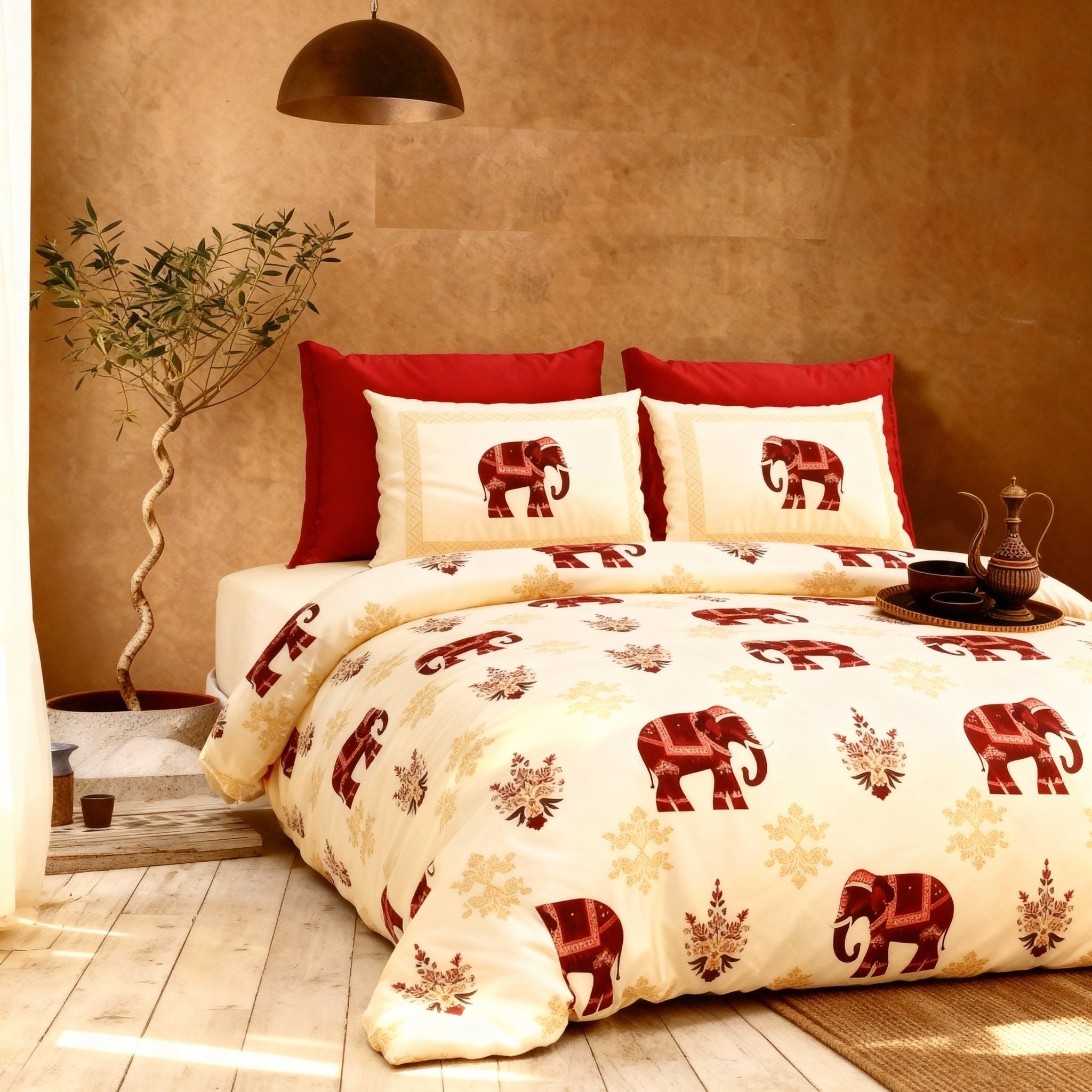 Raj Gharana Jaipur Cotton Bedsheet | 100% Pure Cotton | King Size Bed Sheet with Pillow Covers | Elephant Red - Shopurneeds