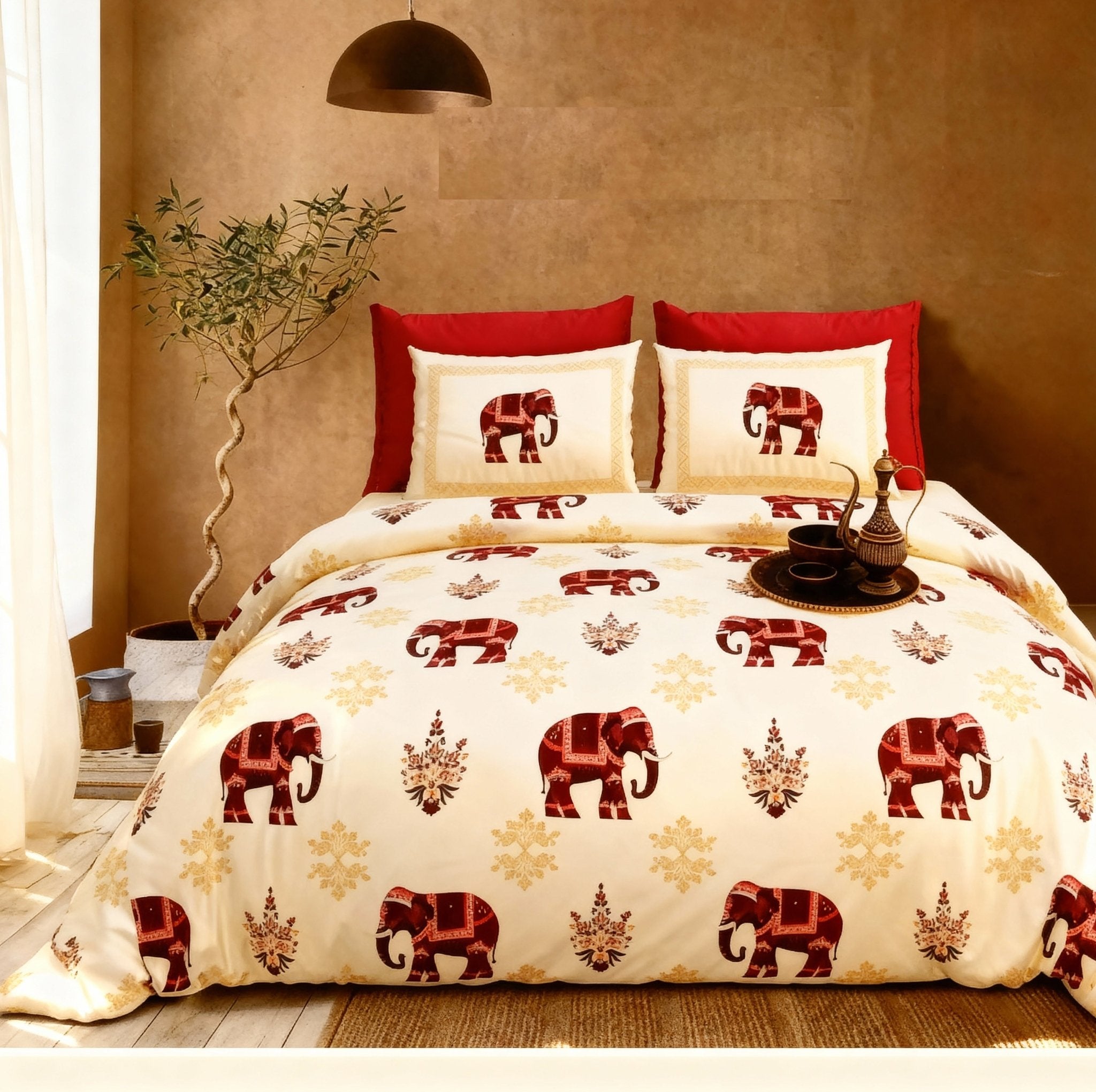 Raj Gharana Jaipur Cotton Bedsheet | 100% Pure Cotton | King Size Bed Sheet with Pillow Covers | Elephant Red - Shopurneeds