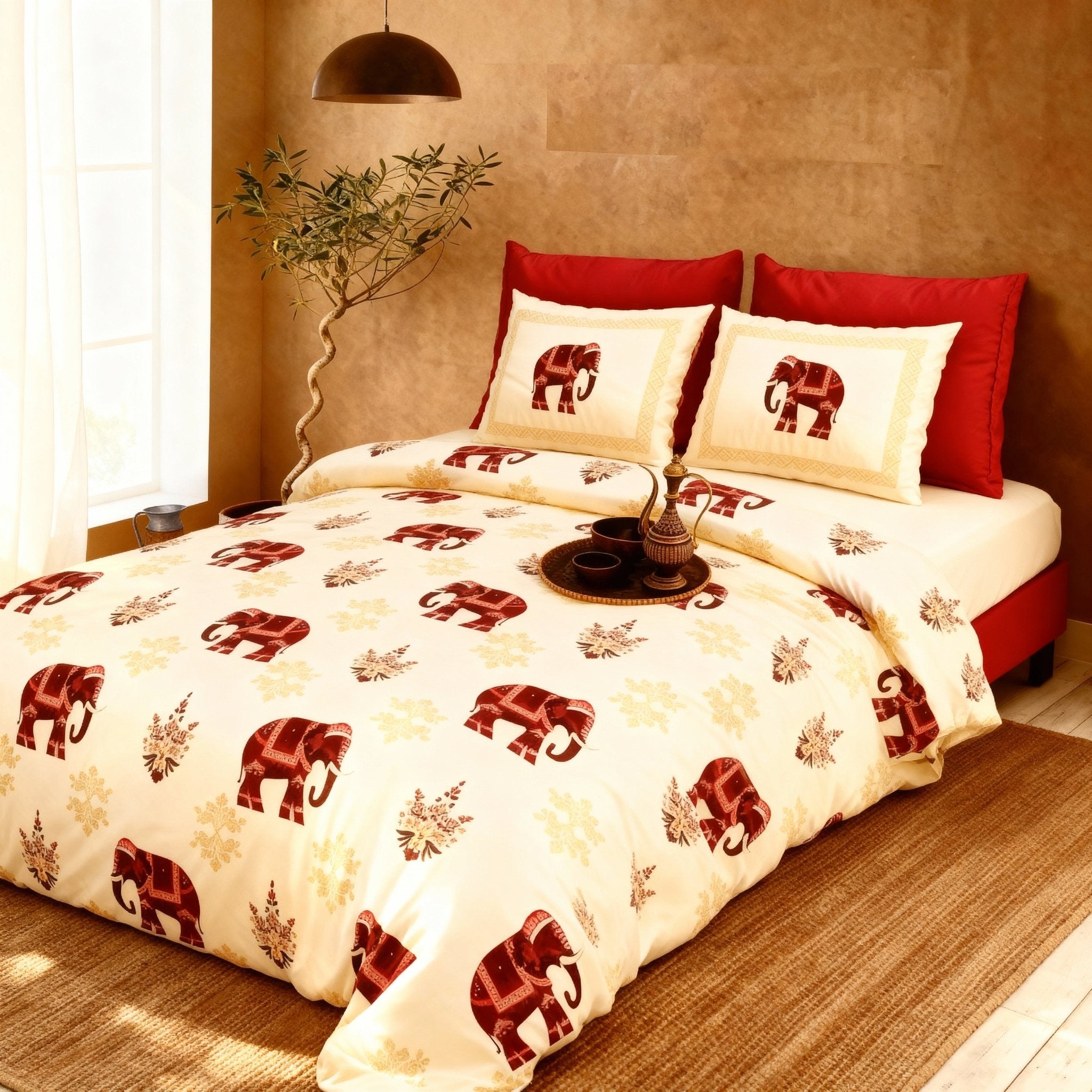 Raj Gharana Jaipur Cotton Bedsheet | 100% Pure Cotton | King Size Bed Sheet with Pillow Covers | Elephant Red - Shopurneeds