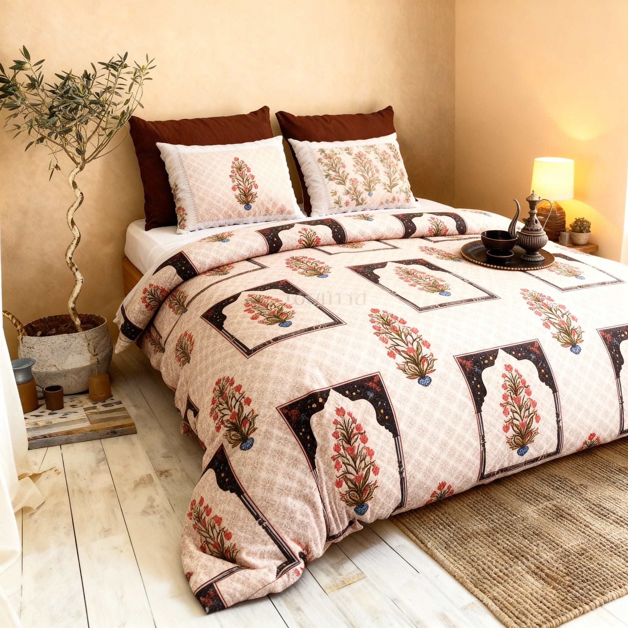 Raj Gharana Jaipur Cotton Bedsheet | 100% Pure Cotton | King Size Bed Sheet with Pillow Covers | Floral Design - Shopurneeds