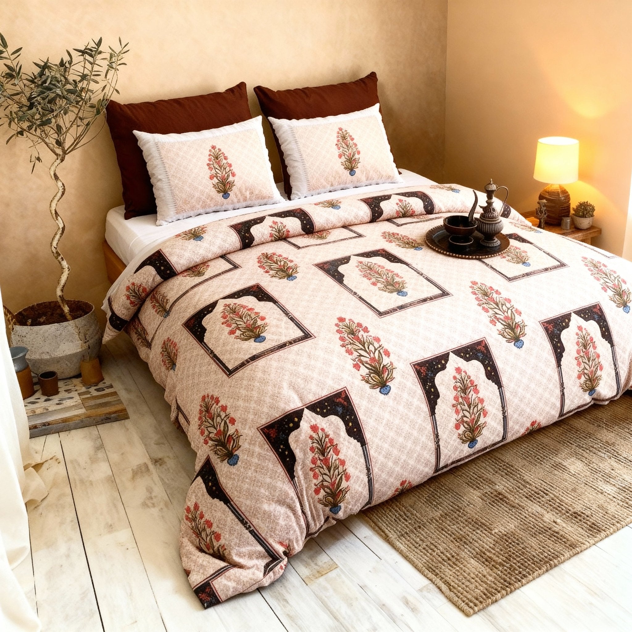 Raj Gharana Jaipur Cotton Bedsheet | 100% Pure Cotton | King Size Bed Sheet with Pillow Covers | Floral Design - Shopurneeds