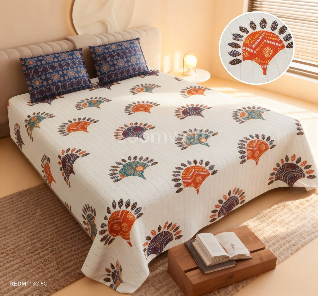Raj Gharana Jaipur Cotton Bedsheet | 100% Pure Cotton | King Size Bed Sheet with Pillow Covers | Jaipur Print - Shopurneeds