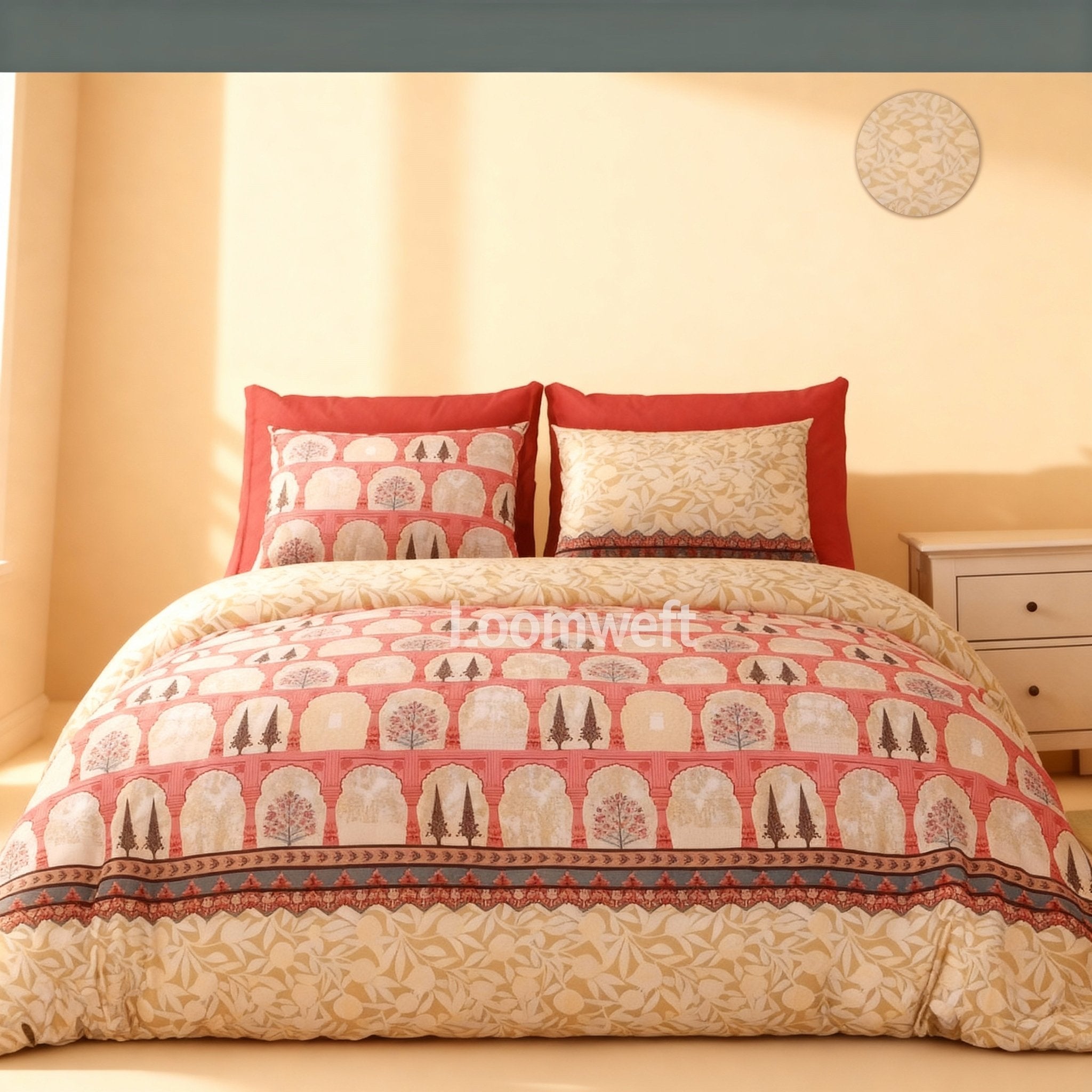 Raj Gharana Jaipur Cotton Bedsheet | 100% Pure Cotton | King Size Bed Sheet with Pillow Covers | Leaf Plant - Shopurneeds