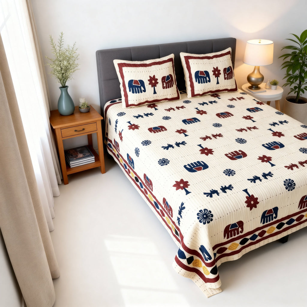 Raj Gharana Jaipur Cotton Bedsheet | 100% Pure Cotton | King Size Bed Sheet with Pillow Covers | Patta Elephant - Shopurneeds