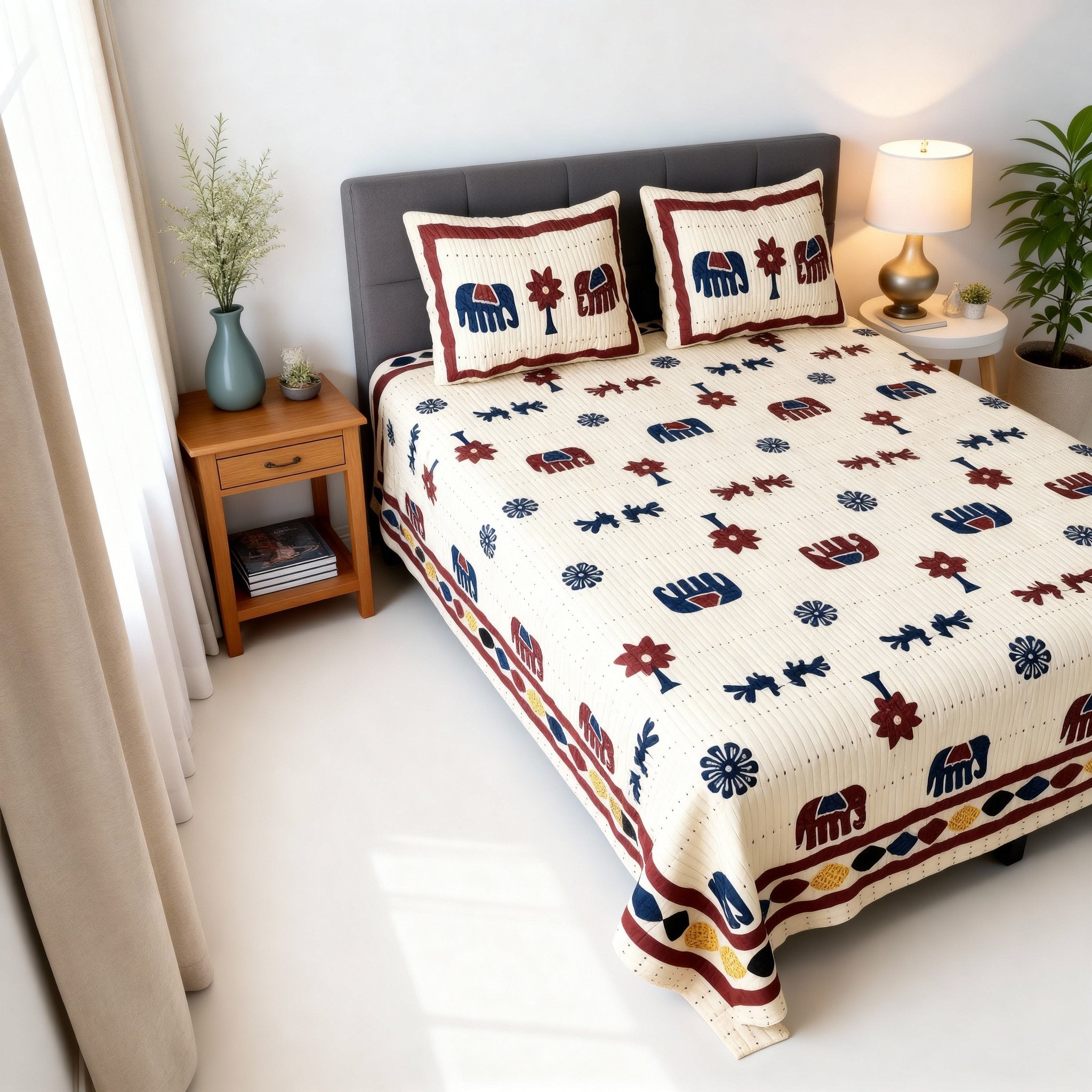 Raj Gharana Jaipur Cotton Bedsheet | 100% Pure Cotton | King Size Bed Sheet with Pillow Covers | Patta Elephant - Shopurneeds