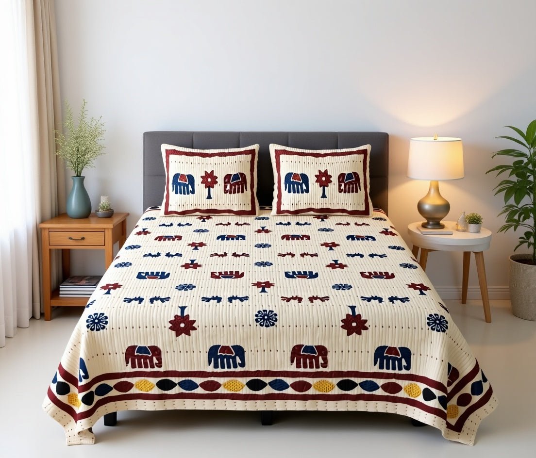 Raj Gharana Jaipur Cotton Bedsheet | 100% Pure Cotton | King Size Bed Sheet with Pillow Covers | Patta Elephant - Shopurneeds