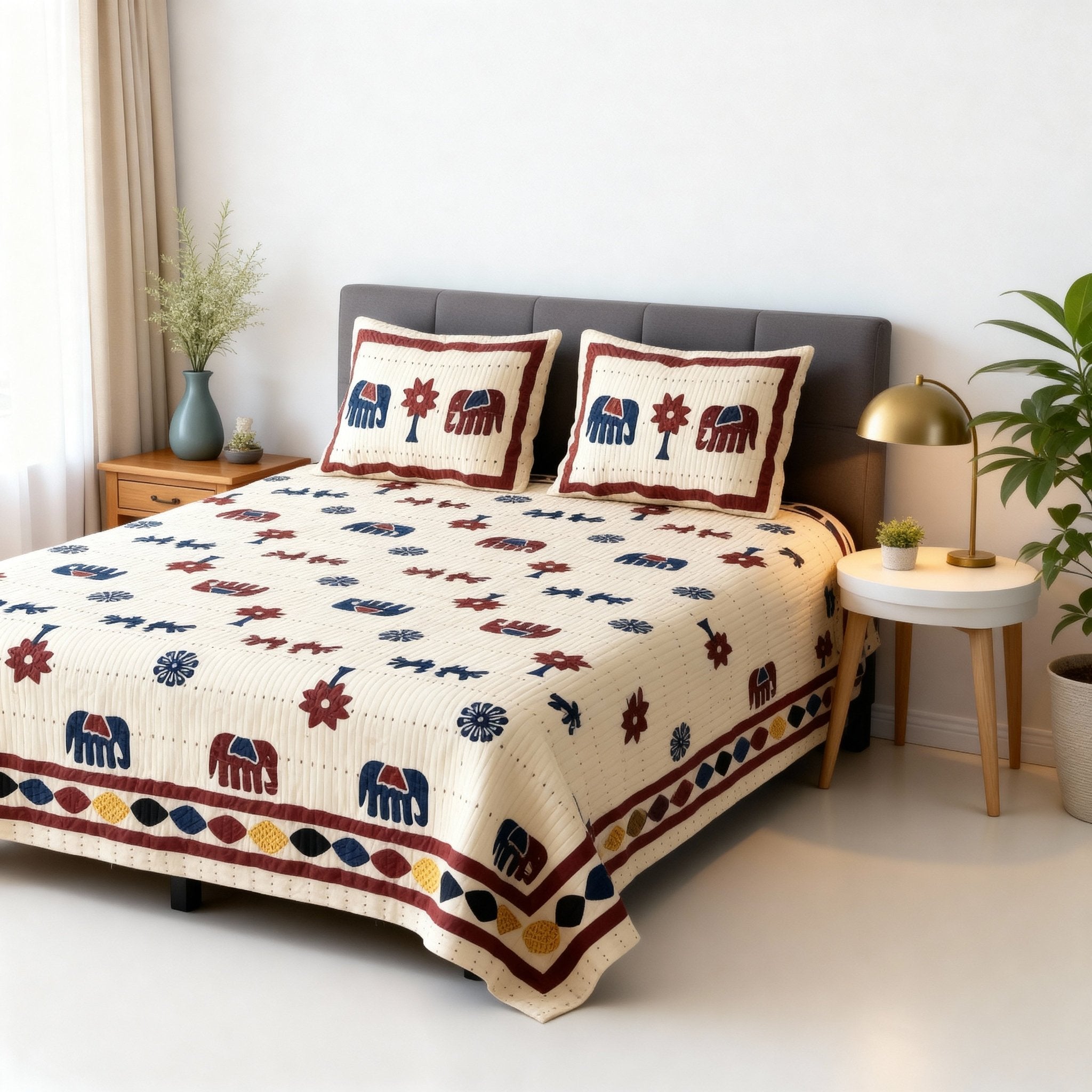Raj Gharana Jaipur Cotton Bedsheet | 100% Pure Cotton | King Size Bed Sheet with Pillow Covers | Patta Elephant - Shopurneeds
