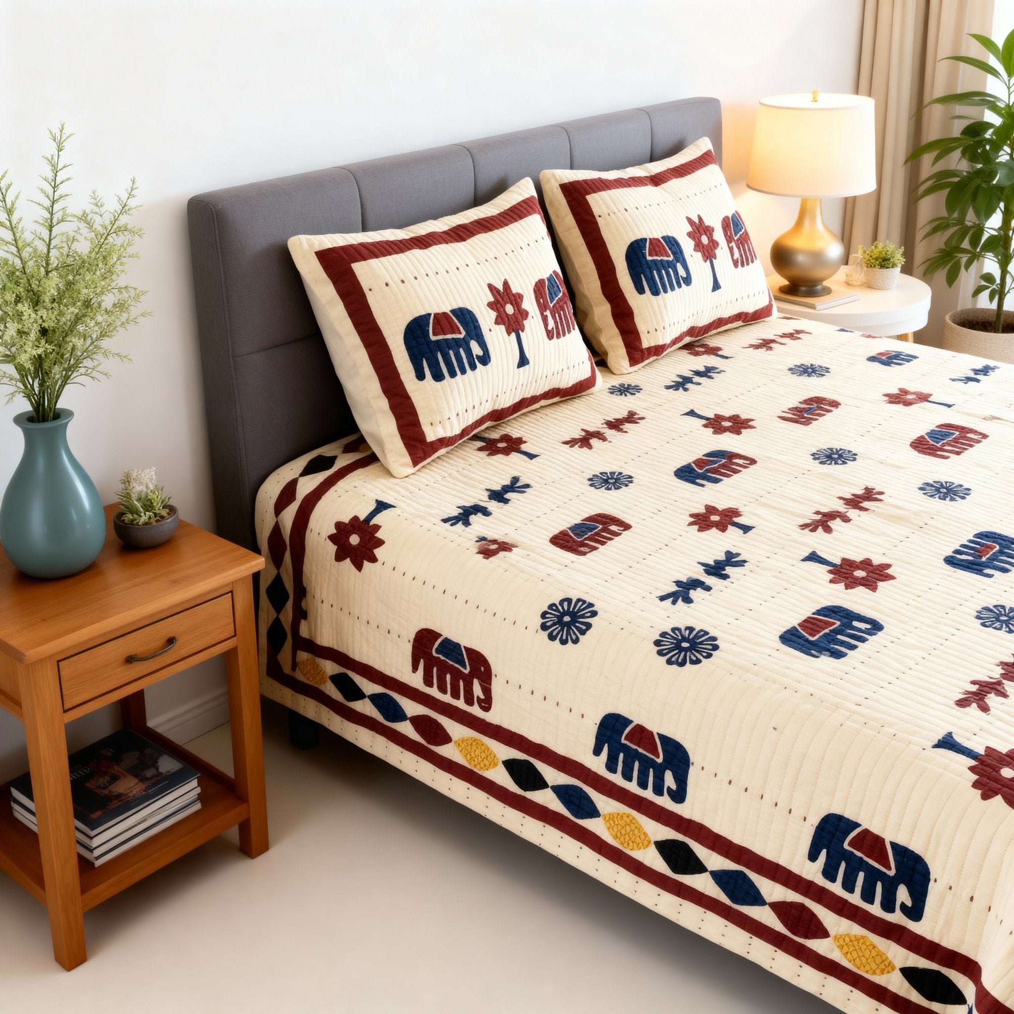 Raj Gharana Jaipur Cotton Bedsheet | 100% Pure Cotton | King Size Bed Sheet with Pillow Covers | Patta Elephant - Shopurneeds