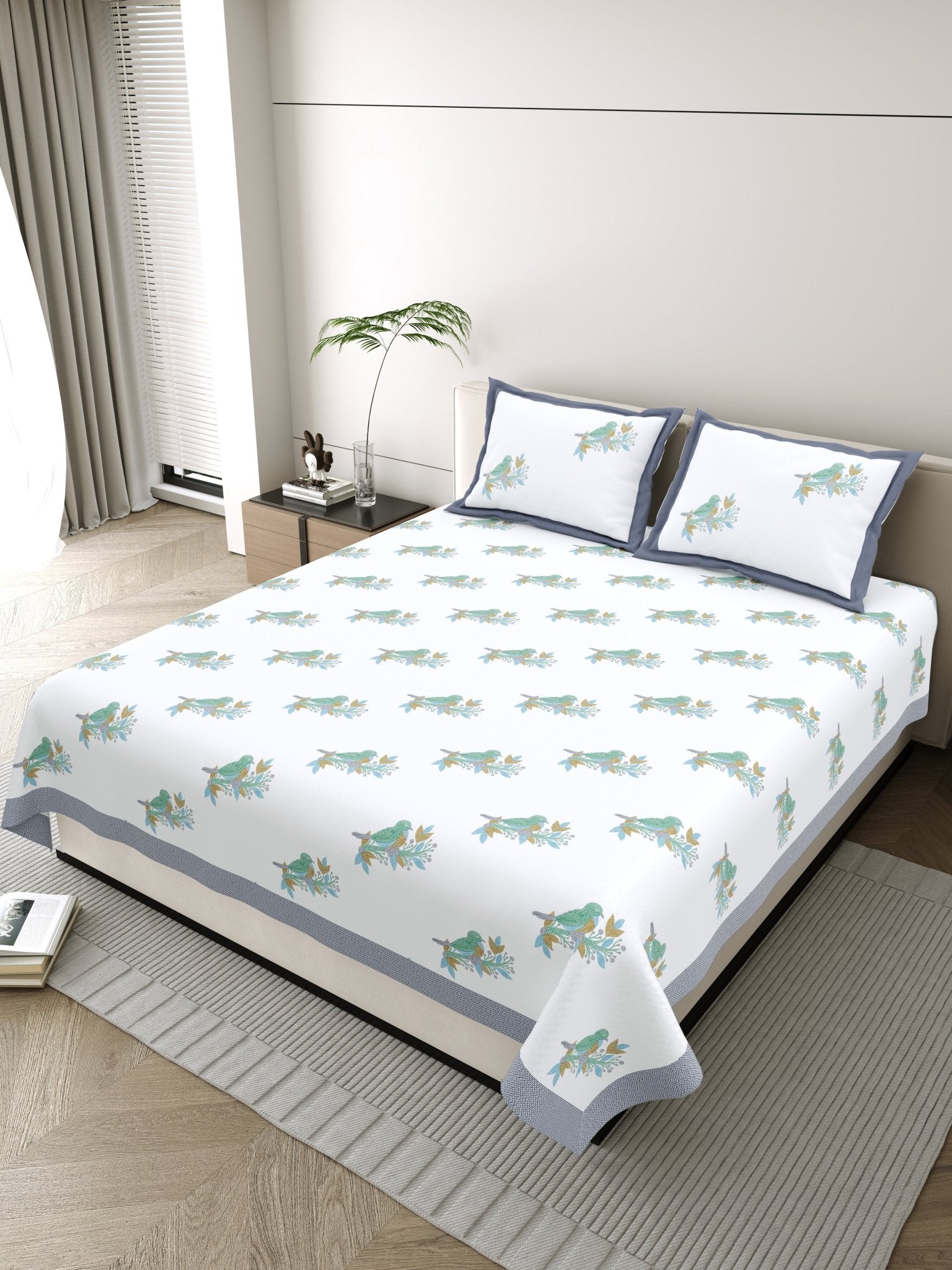 Raj Gharana Jaipur Cotton Bedsheet | 100% Pure Cotton | Premium Handblock Printed King Size Bed Sheet with Pillow Covers | Bird Blue - Shopurneeds