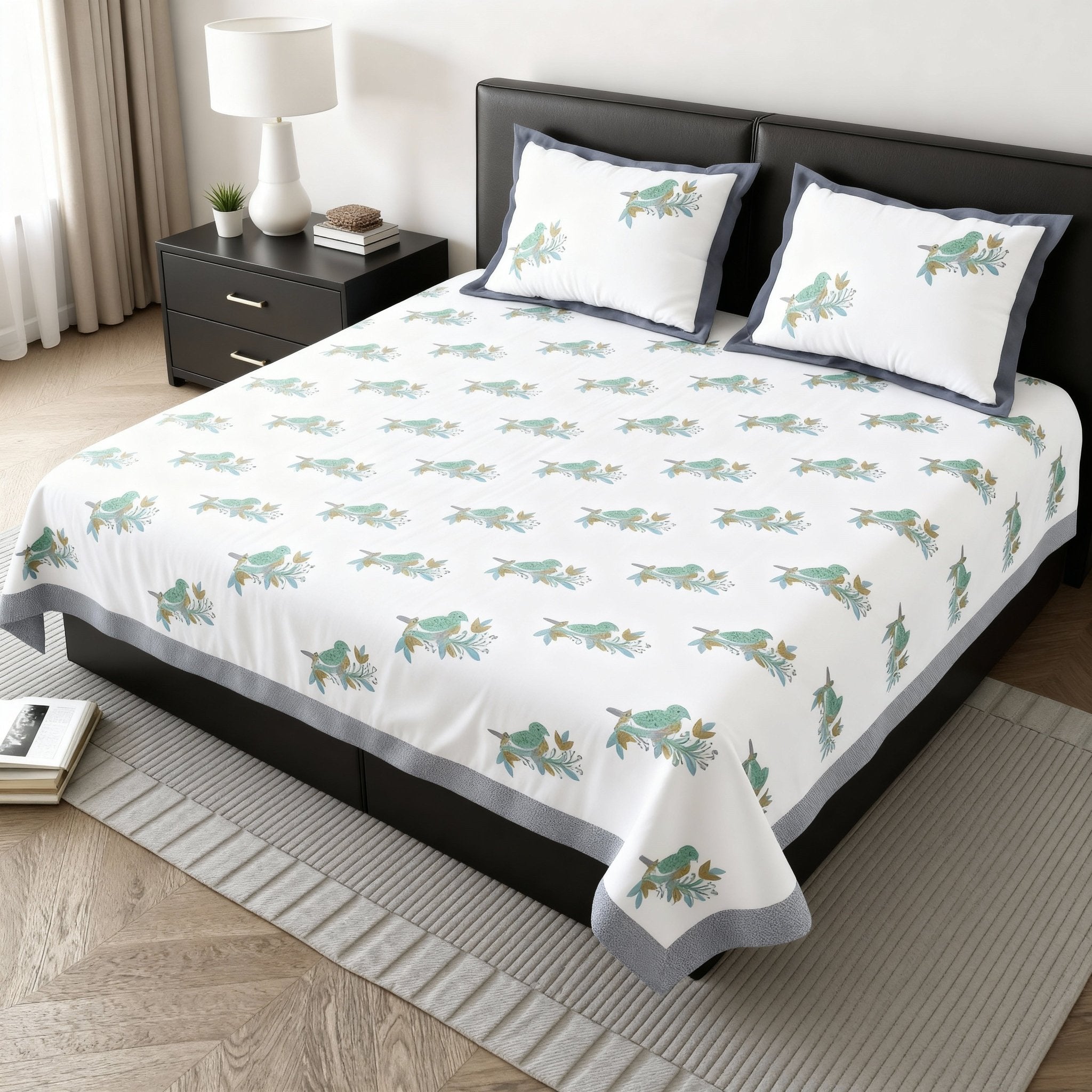 Raj Gharana Jaipur Cotton Bedsheet | 100% Pure Cotton | Premium Handblock Printed King Size Bed Sheet with Pillow Covers | Bird Blue - Shopurneeds