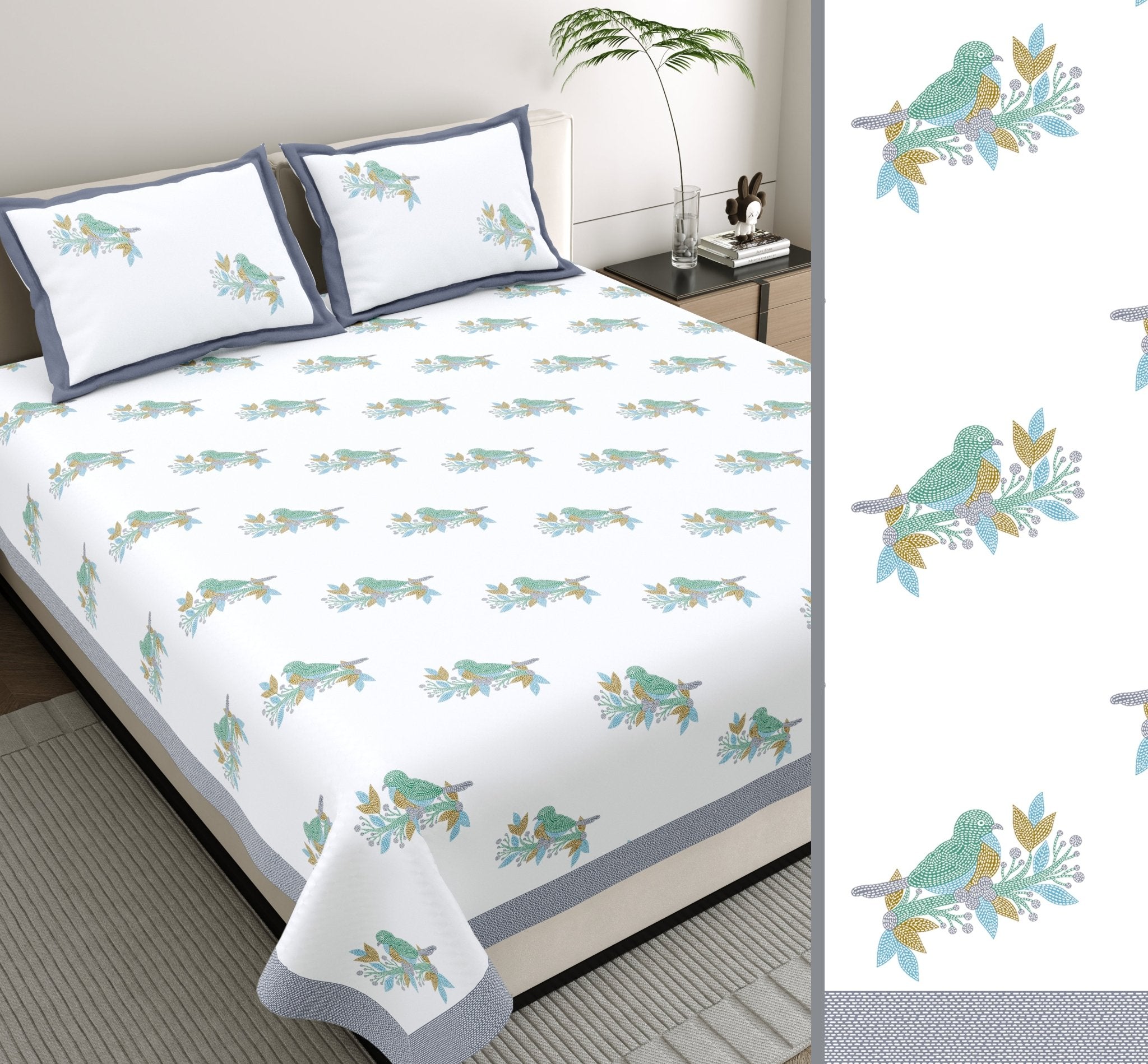 Raj Gharana Jaipur Cotton Bedsheet | 100% Pure Cotton | Premium Handblock Printed King Size Bed Sheet with Pillow Covers | Bird Blue - Shopurneeds