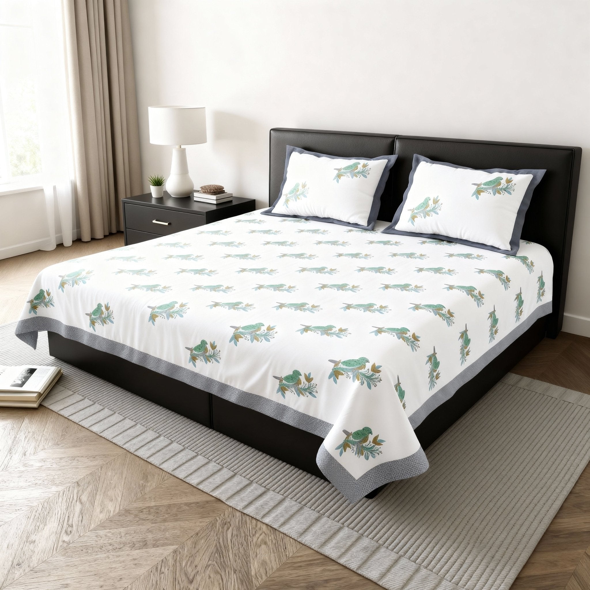 Raj Gharana Jaipur Cotton Bedsheet | 100% Pure Cotton | Premium Handblock Printed King Size Bed Sheet with Pillow Covers | Bird Blue - Shopurneeds