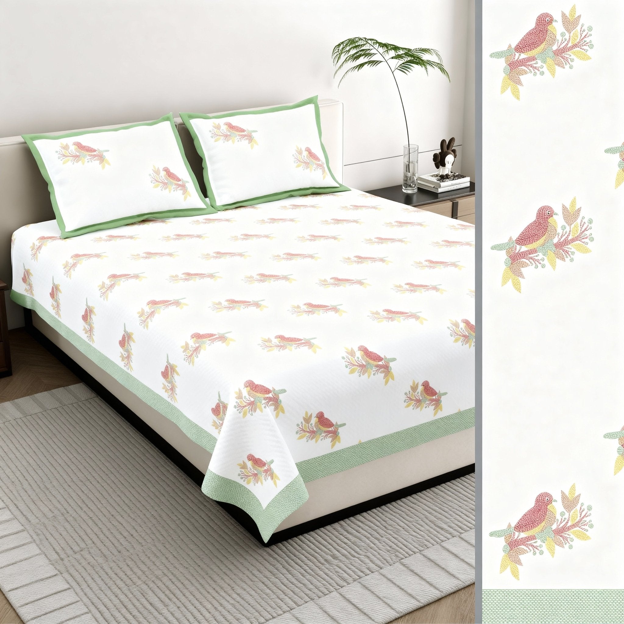 Raj Gharana Jaipur Cotton Bedsheet | 100% Pure Cotton | Premium Handblock Printed King Size Bed Sheet with Pillow Covers | Bird Green - Shopurneeds
