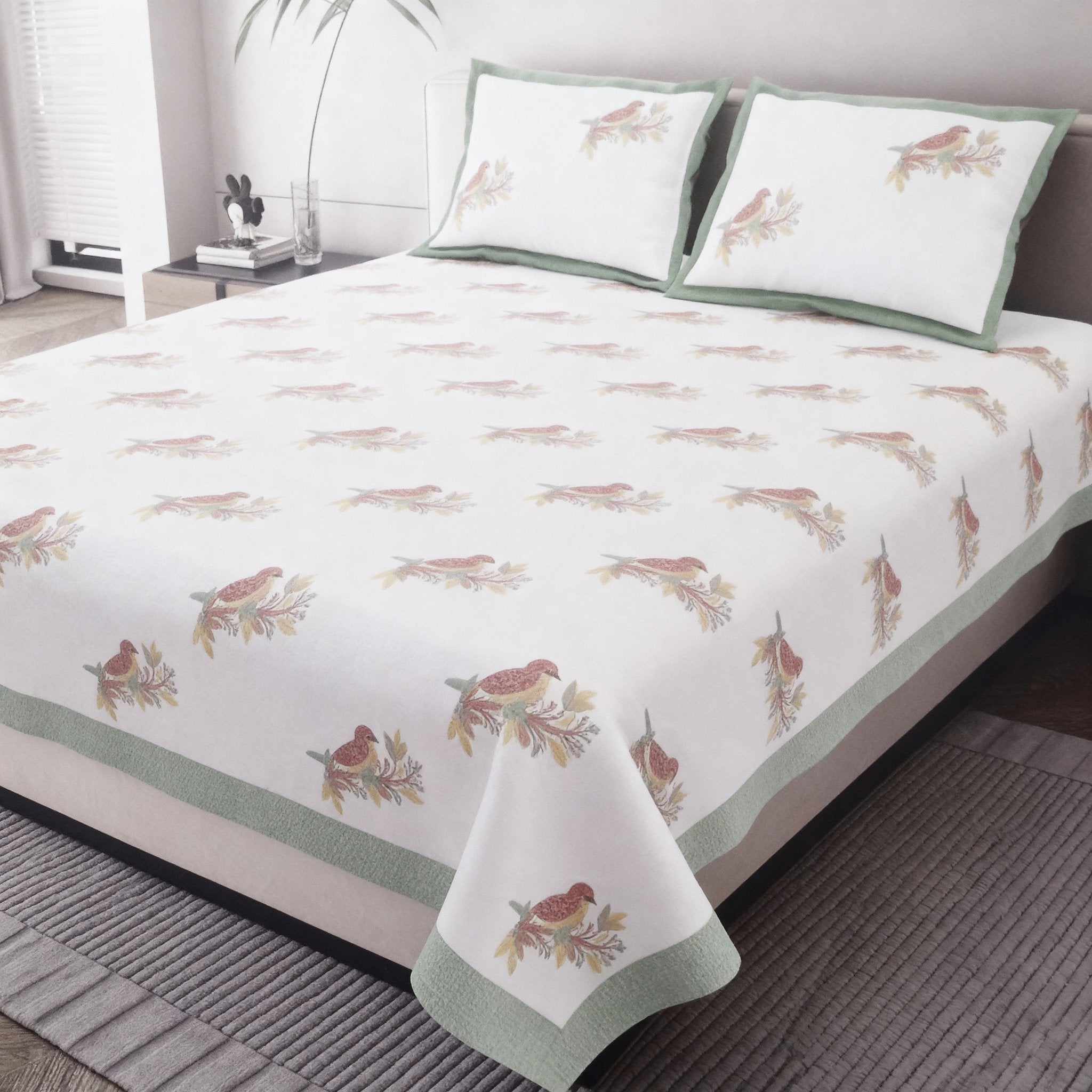 Raj Gharana Jaipur Cotton Bedsheet | 100% Pure Cotton | Premium Handblock Printed King Size Bed Sheet with Pillow Covers | Bird Green - Shopurneeds