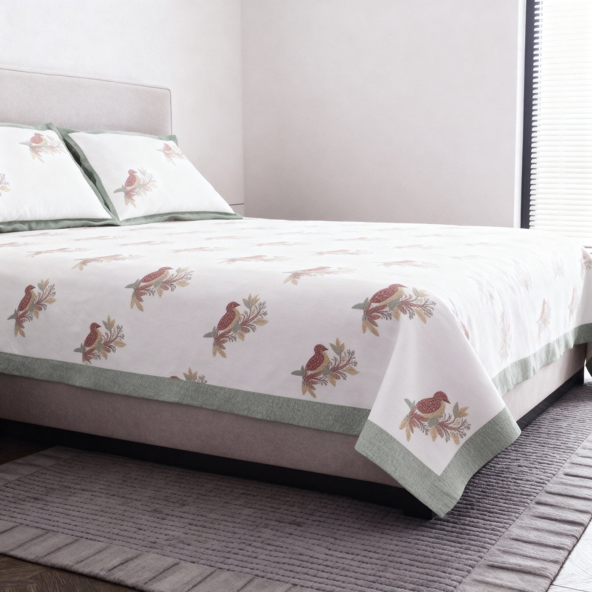 Raj Gharana Jaipur Cotton Bedsheet | 100% Pure Cotton | Premium Handblock Printed King Size Bed Sheet with Pillow Covers | Bird Green - Shopurneeds