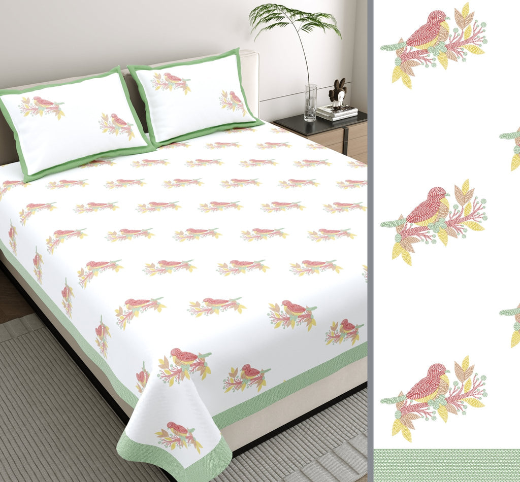 Raj Gharana Jaipur Cotton Bedsheet | 100% Pure Cotton | Premium Handblock Printed King Size Bed Sheet with Pillow Covers | Bird Green - Shopurneeds