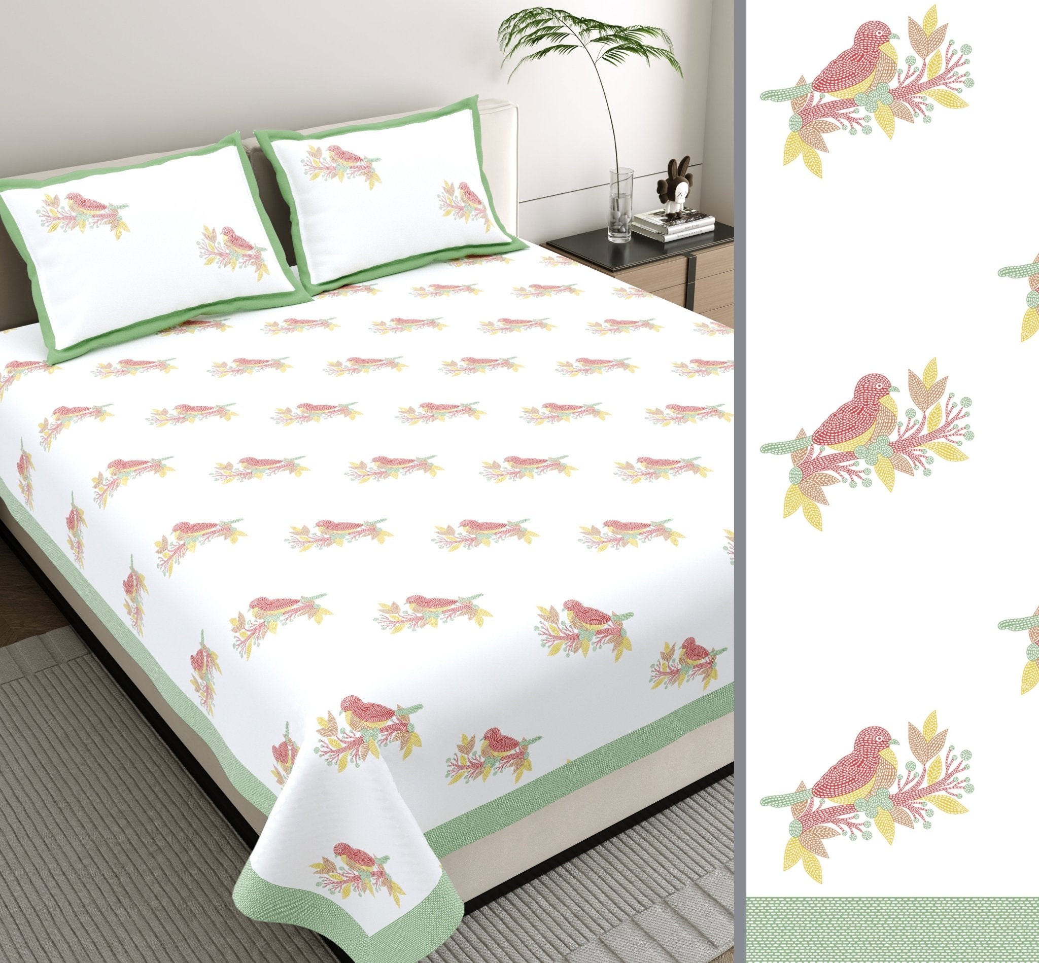 Raj Gharana Jaipur Cotton Bedsheet | 100% Pure Cotton | Premium Handblock Printed King Size Bed Sheet with Pillow Covers | Bird Green - Shopurneeds