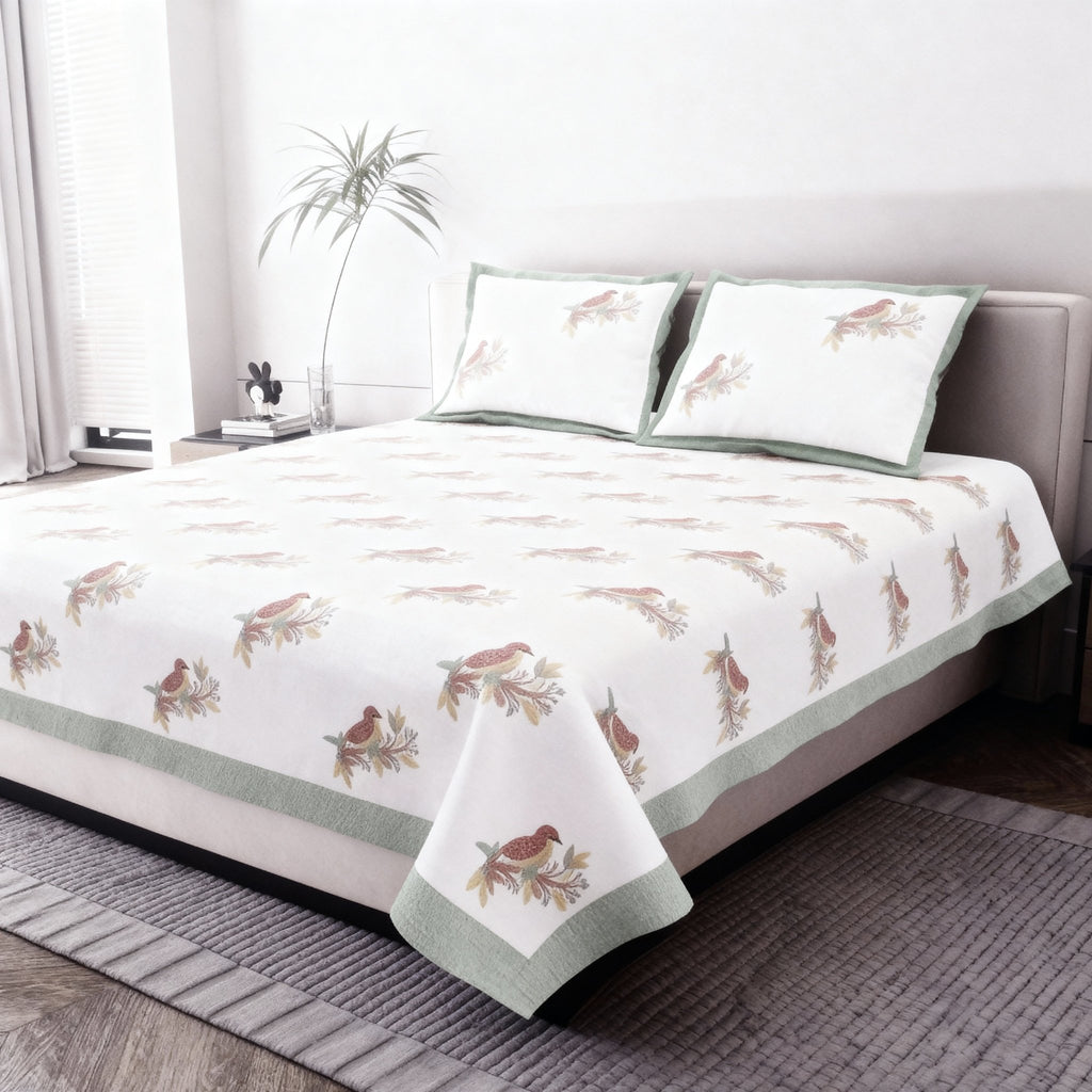 Raj Gharana Jaipur Cotton Bedsheet | 100% Pure Cotton | Premium Handblock Printed King Size Bed Sheet with Pillow Covers | Bird Green - Shopurneeds
