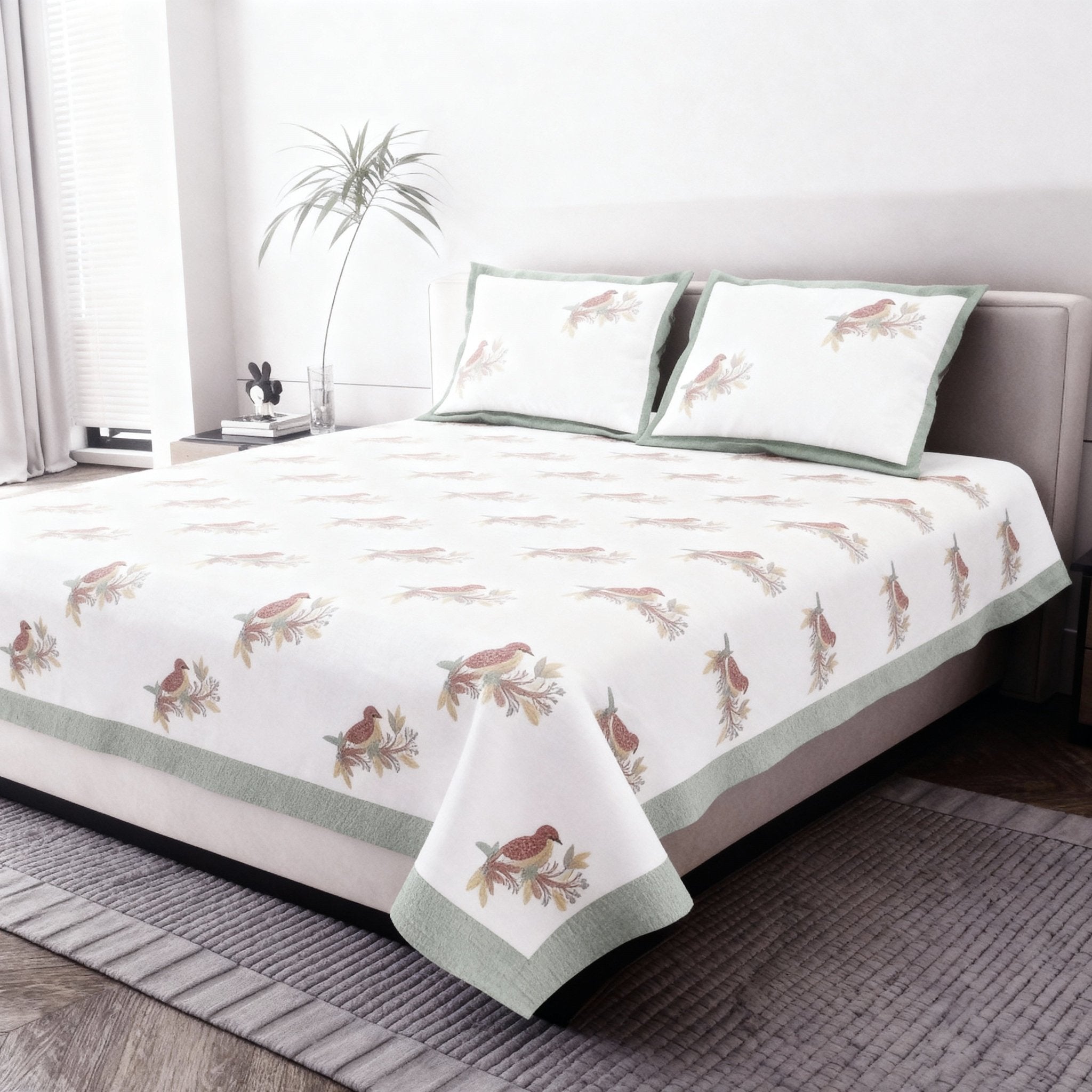 Raj Gharana Jaipur Cotton Bedsheet | 100% Pure Cotton | Premium Handblock Printed King Size Bed Sheet with Pillow Covers | Bird Green - Shopurneeds