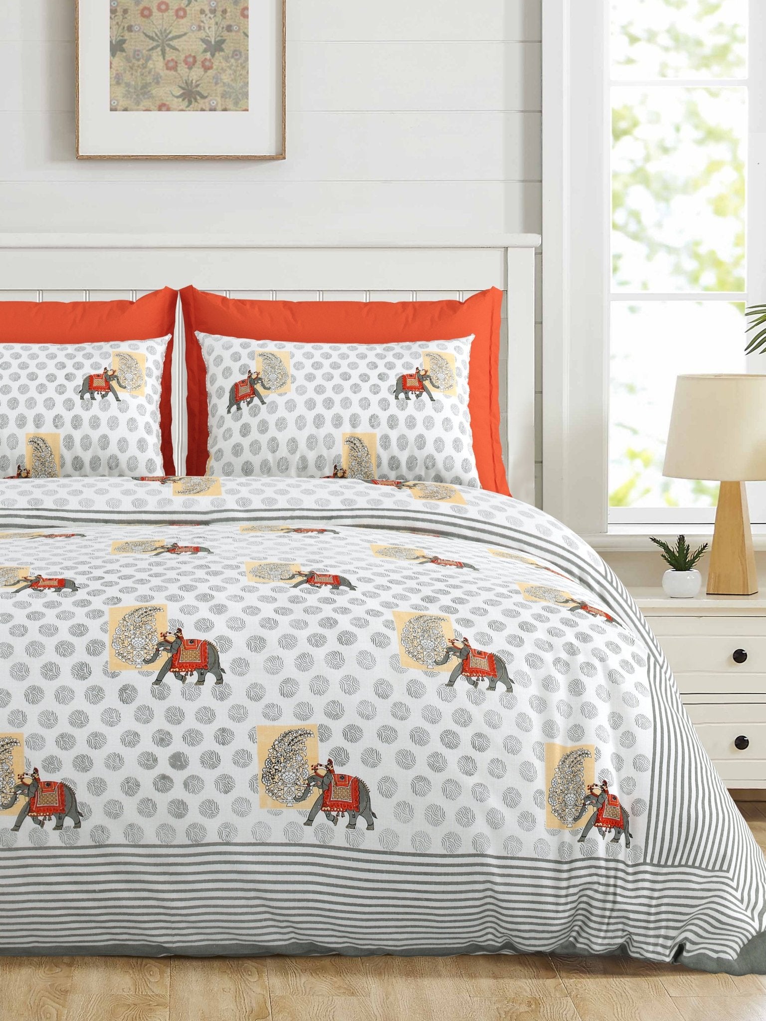 Raj Gharana Jaipur Cotton Bedsheet | 100% Pure Cotton | Premium Handblock Printed King Size Bed Sheet with Pillow Covers | Elephant Green - Shopurneeds