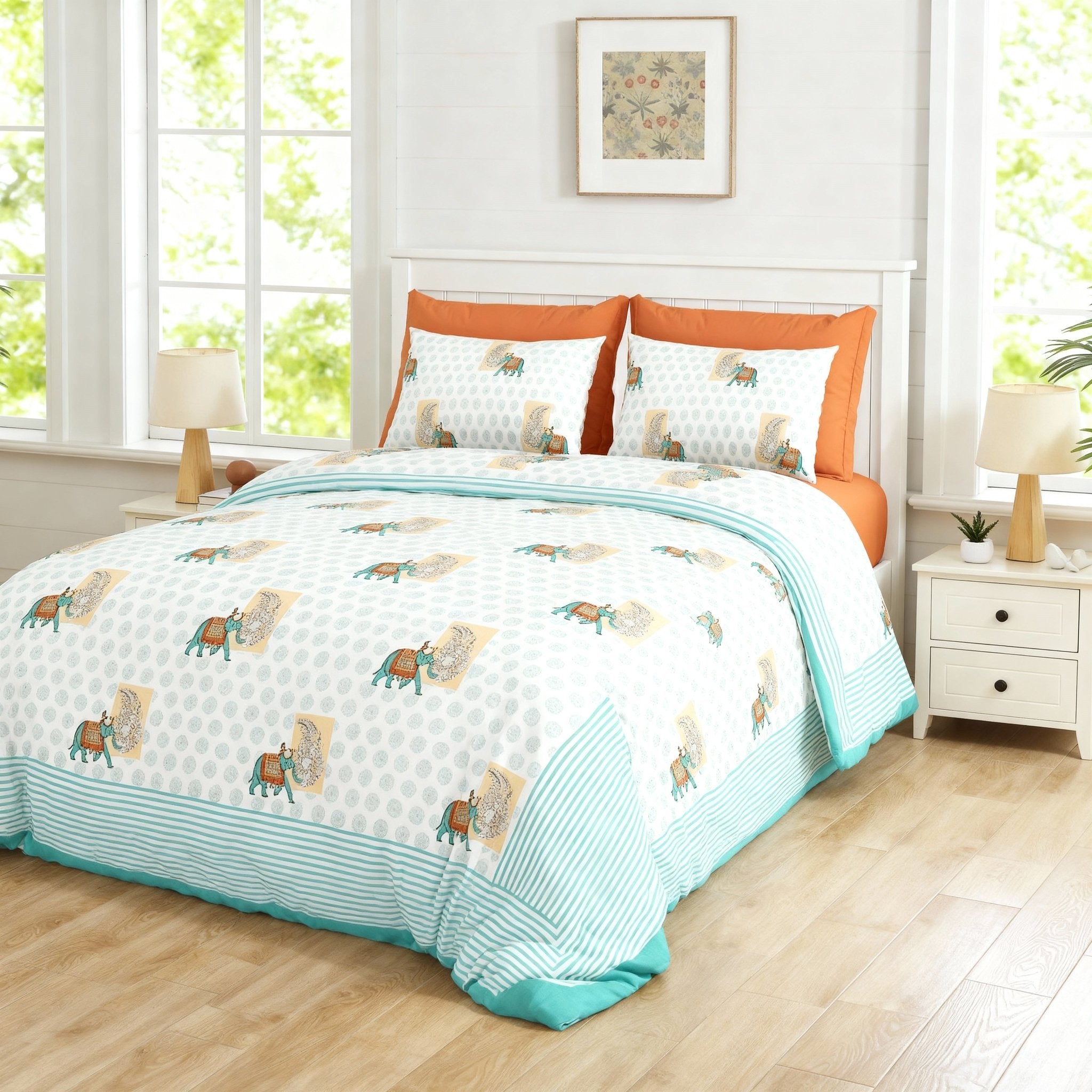 Raj Gharana Jaipur Cotton Bedsheet | 100% Pure Cotton | Premium Handblock Printed King Size Bed Sheet with Pillow Covers | Elephant Green - Shopurneeds