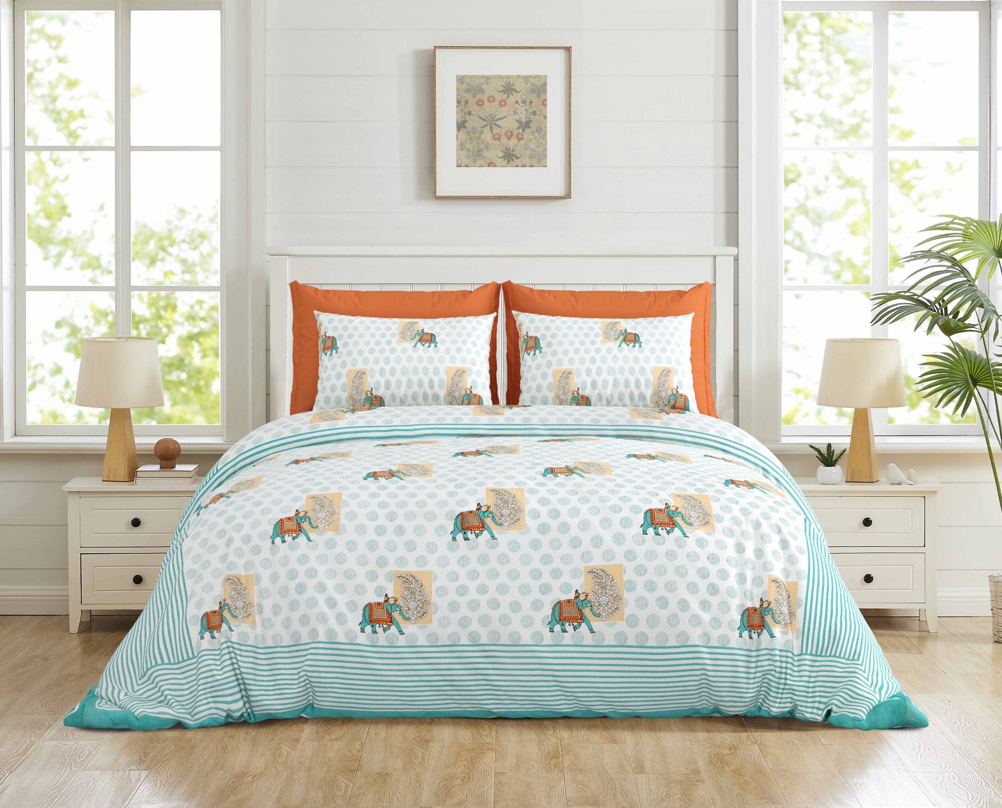 Raj Gharana Jaipur Cotton Bedsheet | 100% Pure Cotton | Premium Handblock Printed King Size Bed Sheet with Pillow Covers | Elephant Green - Shopurneeds