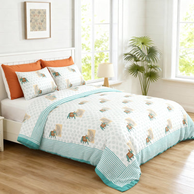 Raj Gharana Jaipur Cotton Bedsheet | 100% Pure Cotton | Premium Handblock Printed King Size Bed Sheet with Pillow Covers | Elephant Green - Shopurneeds