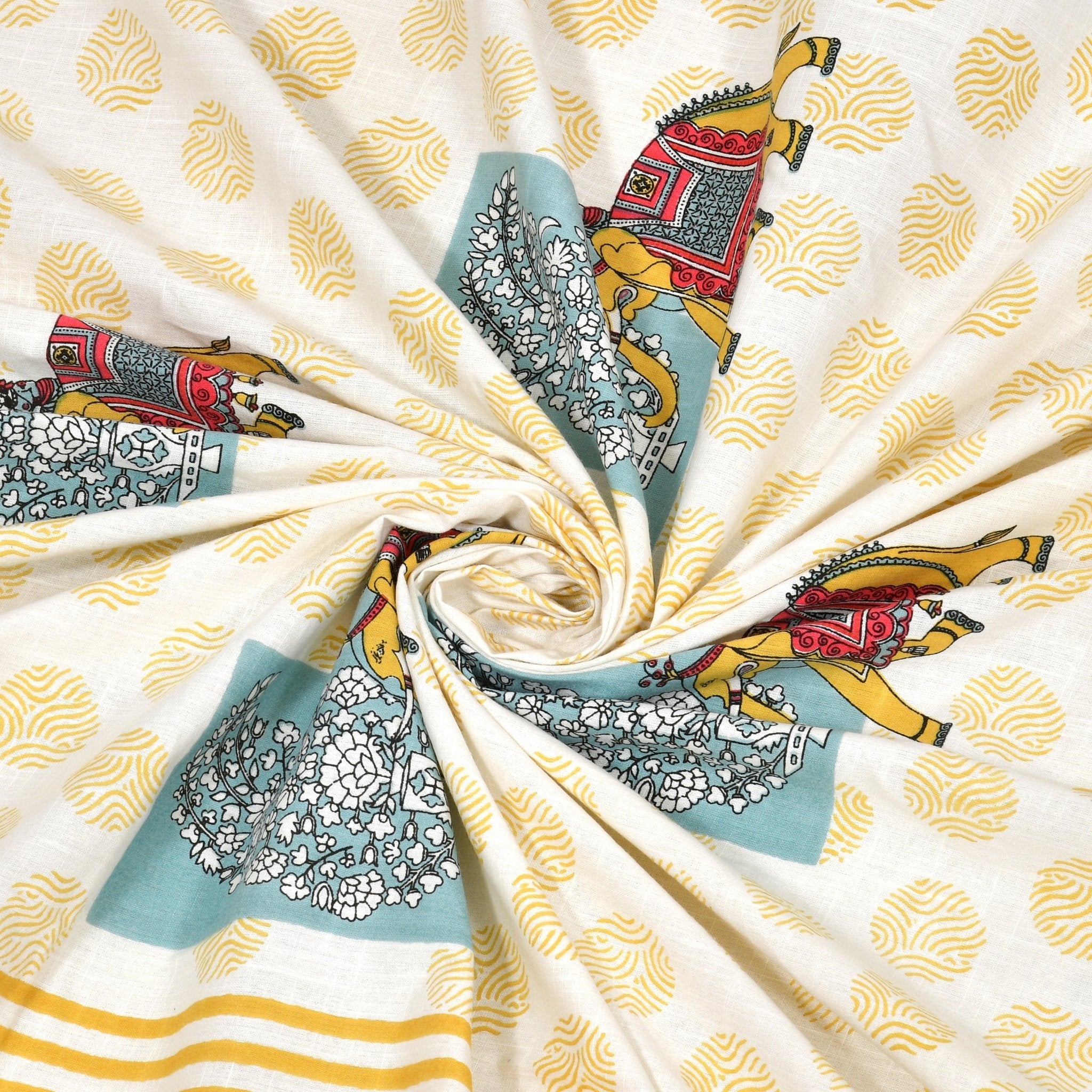 Raj Gharana Jaipur Cotton Bedsheet | 100% Pure Cotton | Premium Handblock Printed King Size Bed Sheet with Pillow Covers | Elephant Yellow - Shopurneeds
