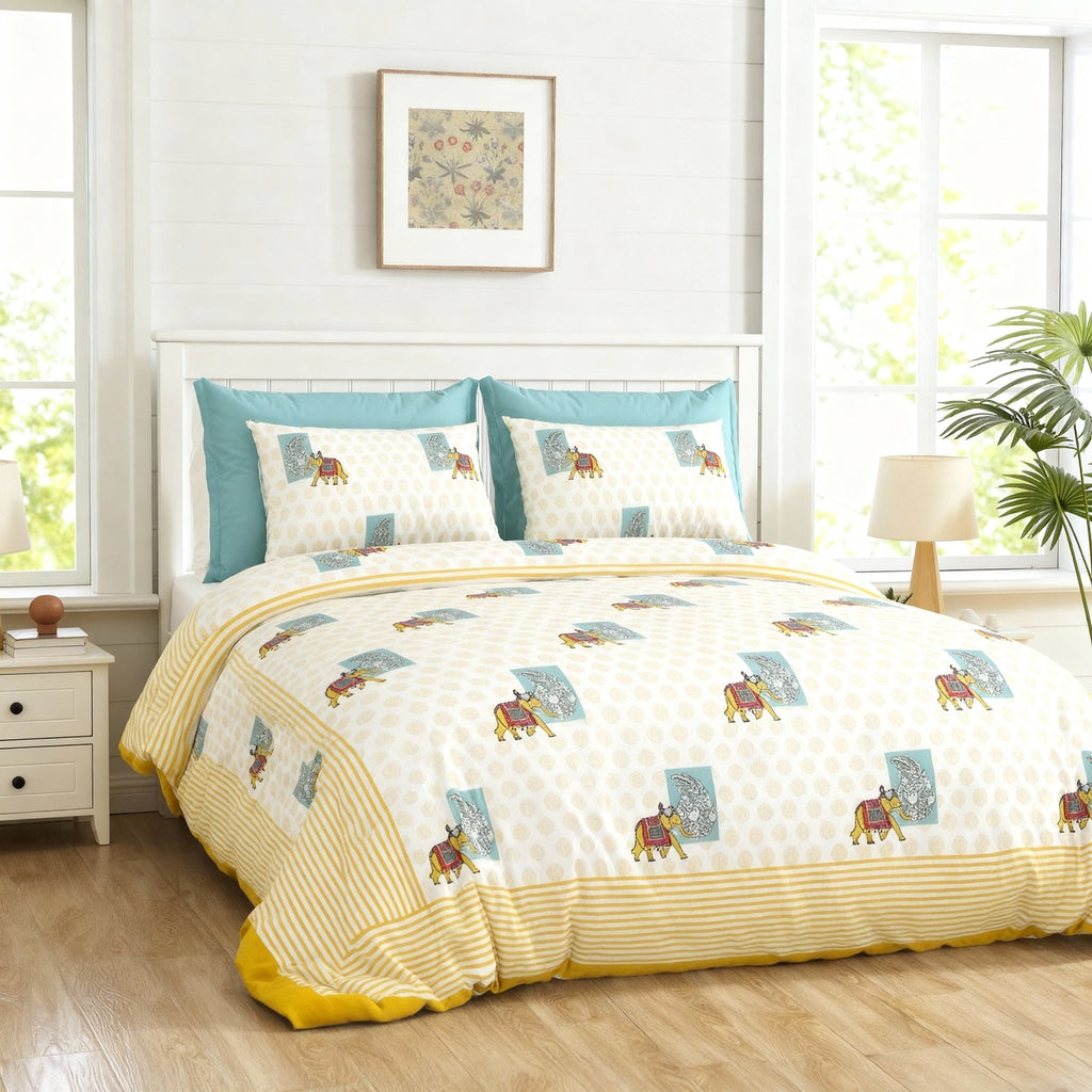 Raj Gharana Jaipur Cotton Bedsheet | 100% Pure Cotton | Premium Handblock Printed King Size Bed Sheet with Pillow Covers | Elephant Yellow - Shopurneeds
