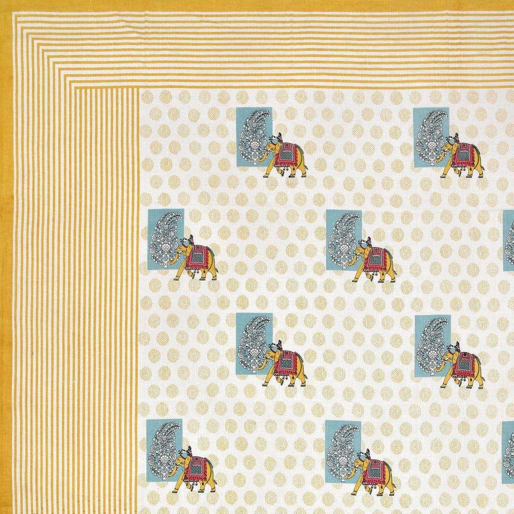 Raj Gharana Jaipur Cotton Bedsheet | 100% Pure Cotton | Premium Handblock Printed King Size Bed Sheet with Pillow Covers | Elephant Yellow - Shopurneeds