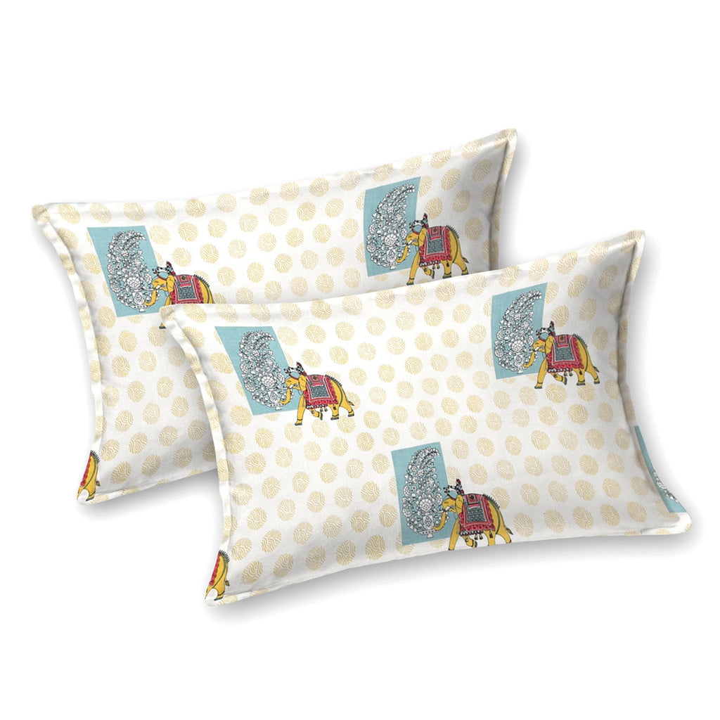 Raj Gharana Jaipur Cotton Bedsheet | 100% Pure Cotton | Premium Handblock Printed King Size Bed Sheet with Pillow Covers | Elephant Yellow - Shopurneeds
