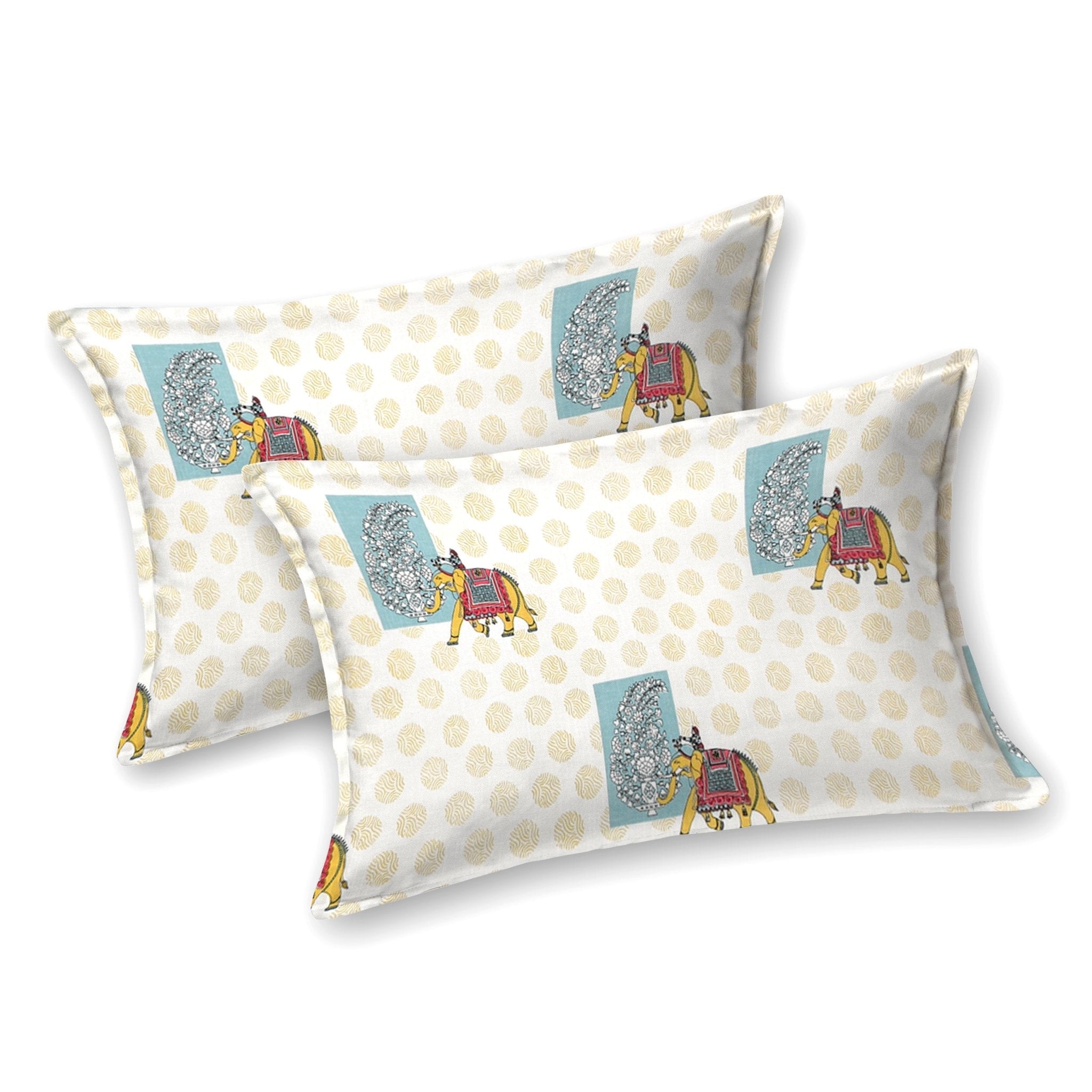 Raj Gharana Jaipur Cotton Bedsheet | 100% Pure Cotton | Premium Handblock Printed King Size Bed Sheet with Pillow Covers | Elephant Yellow - Shopurneeds
