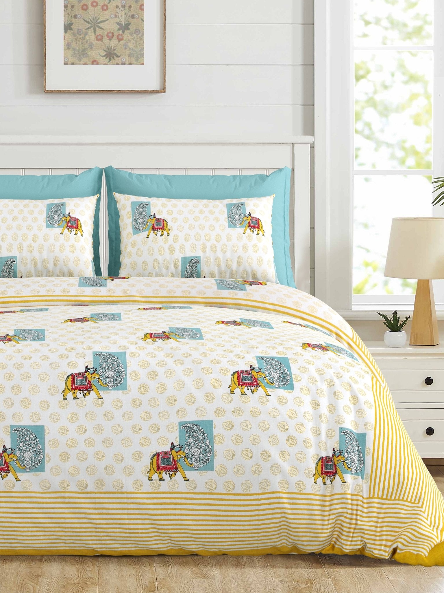 Raj Gharana Jaipur Cotton Bedsheet | 100% Pure Cotton | Premium Handblock Printed King Size Bed Sheet with Pillow Covers | Elephant Yellow - Shopurneeds