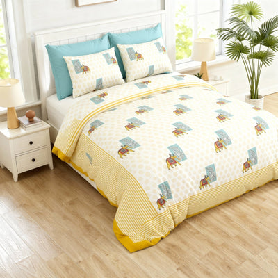 Raj Gharana Jaipur Cotton Bedsheet | 100% Pure Cotton | Premium Handblock Printed King Size Bed Sheet with Pillow Covers | Elephant Yellow - Shopurneeds