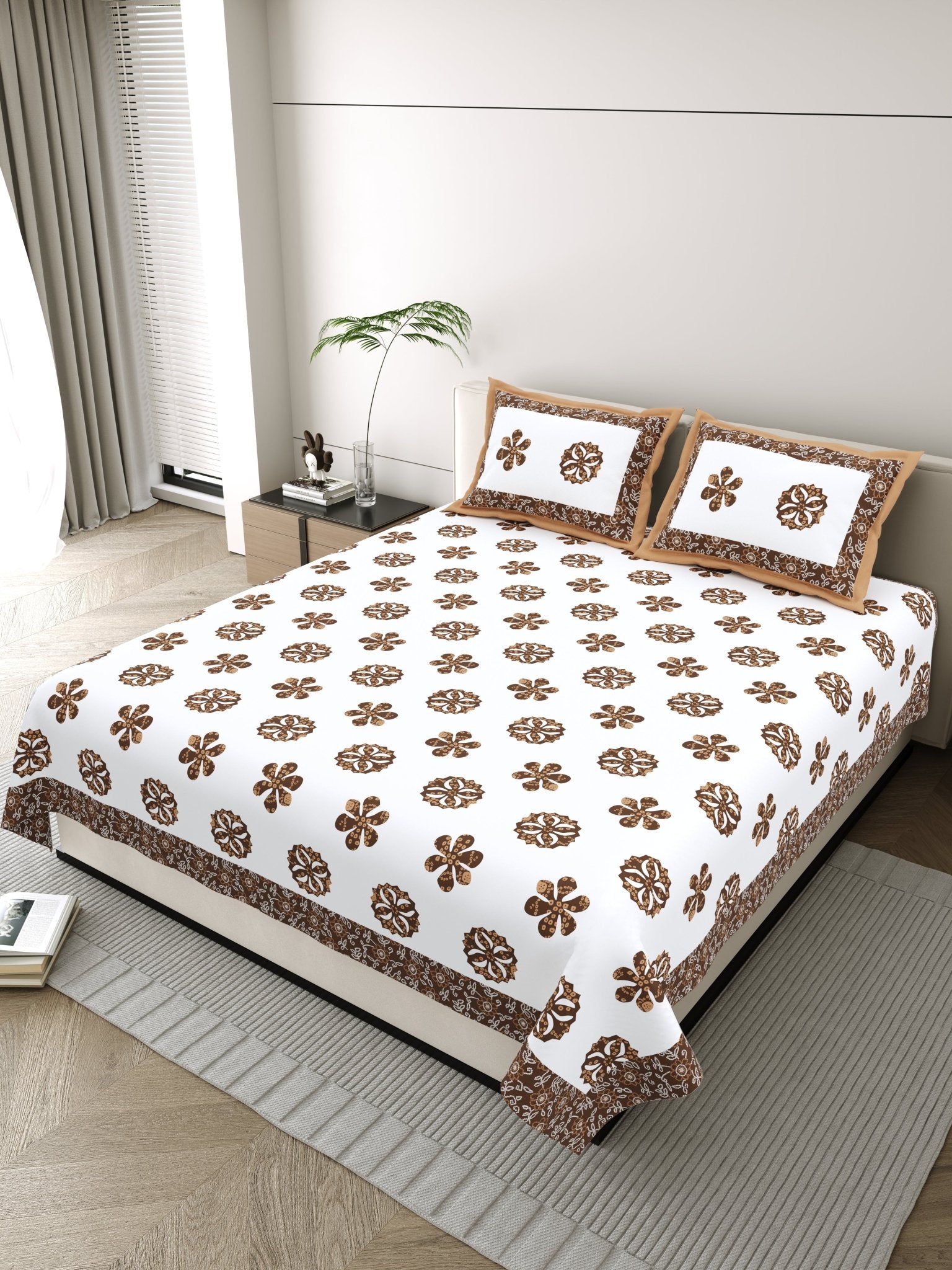Raj Gharana Jaipur Cotton Bedsheet | 100% Pure Cotton | Premium Handblock Printed King Size Bed Sheet with Pillow Covers | Flower Brown - Shopurneeds