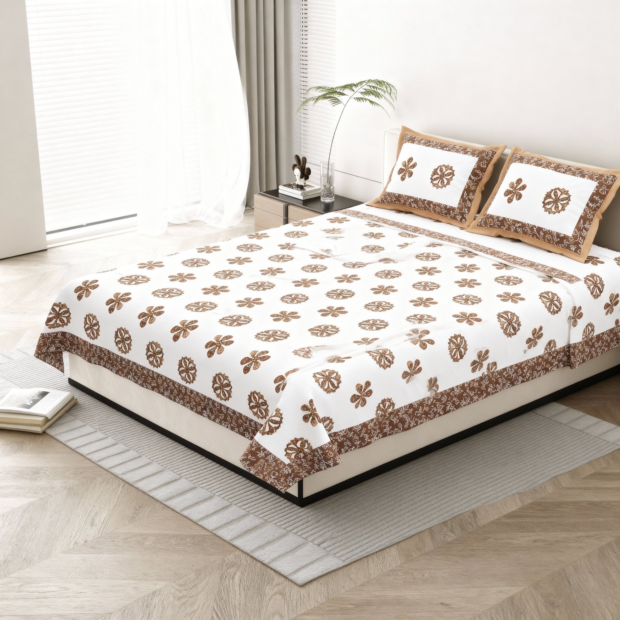 Raj Gharana Jaipur Cotton Bedsheet | 100% Pure Cotton | Premium Handblock Printed King Size Bed Sheet with Pillow Covers | Flower Brown - Shopurneeds