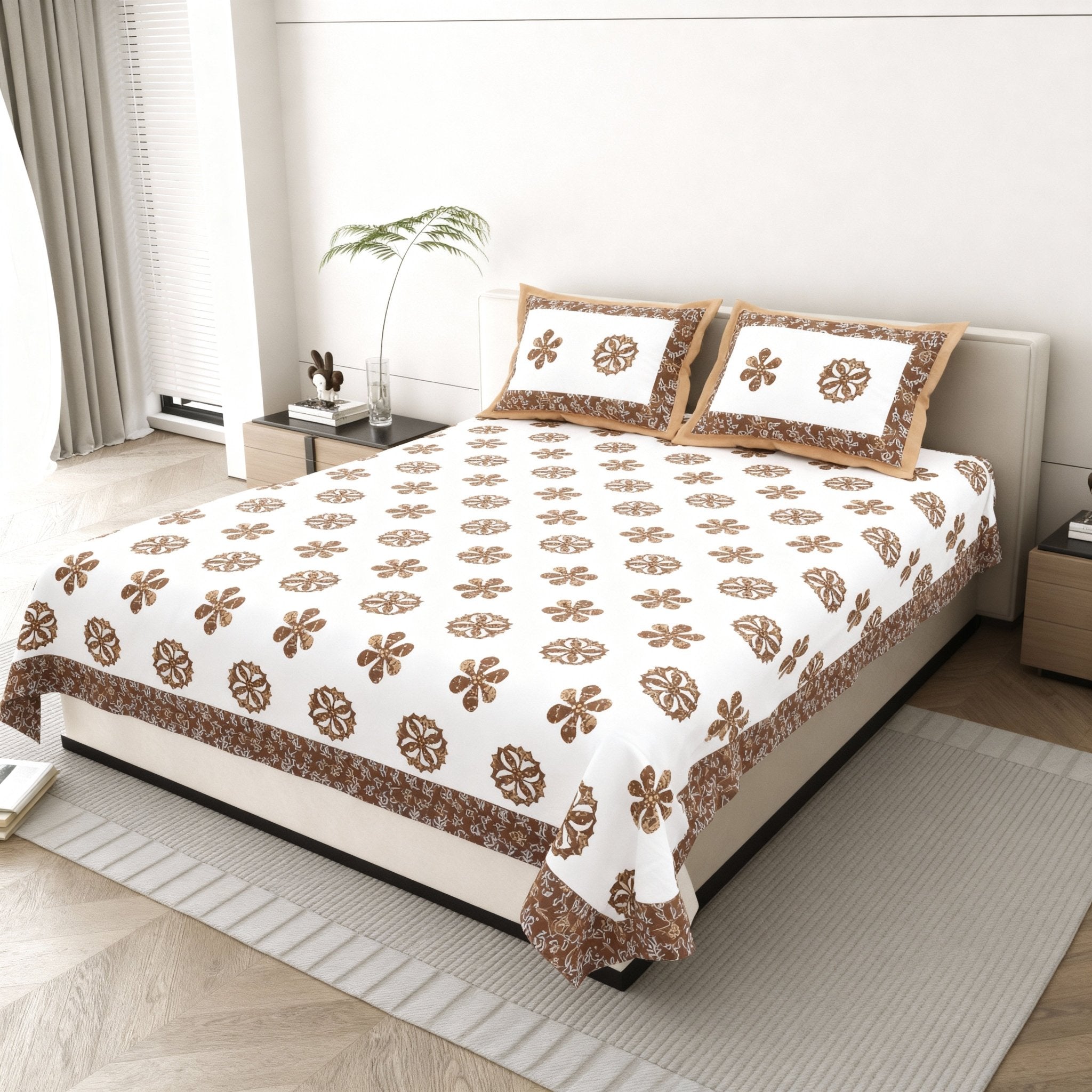 Raj Gharana Jaipur Cotton Bedsheet | 100% Pure Cotton | Premium Handblock Printed King Size Bed Sheet with Pillow Covers | Flower Brown - Shopurneeds