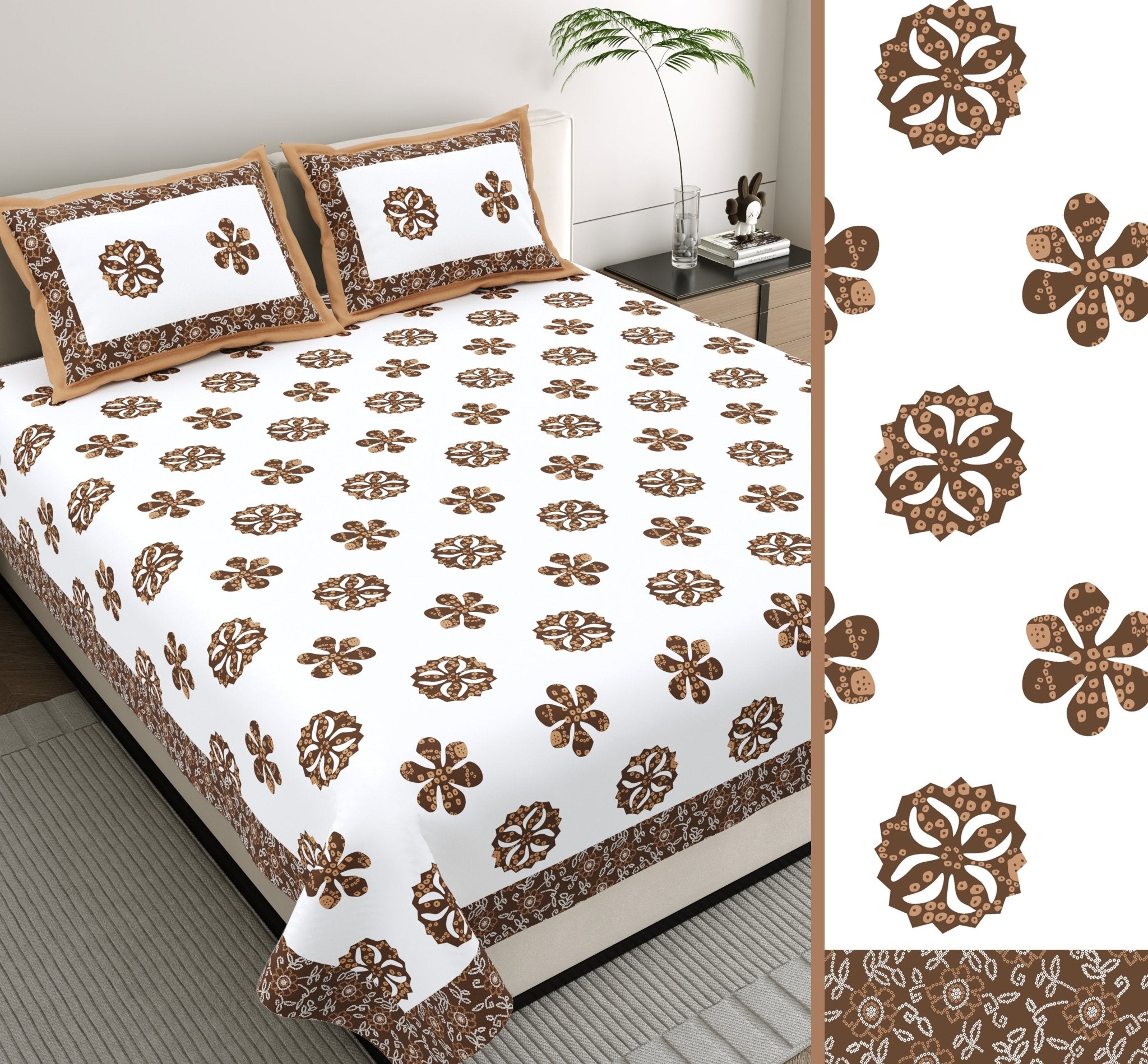 Raj Gharana Jaipur Cotton Bedsheet | 100% Pure Cotton | Premium Handblock Printed King Size Bed Sheet with Pillow Covers | Flower Brown - Shopurneeds